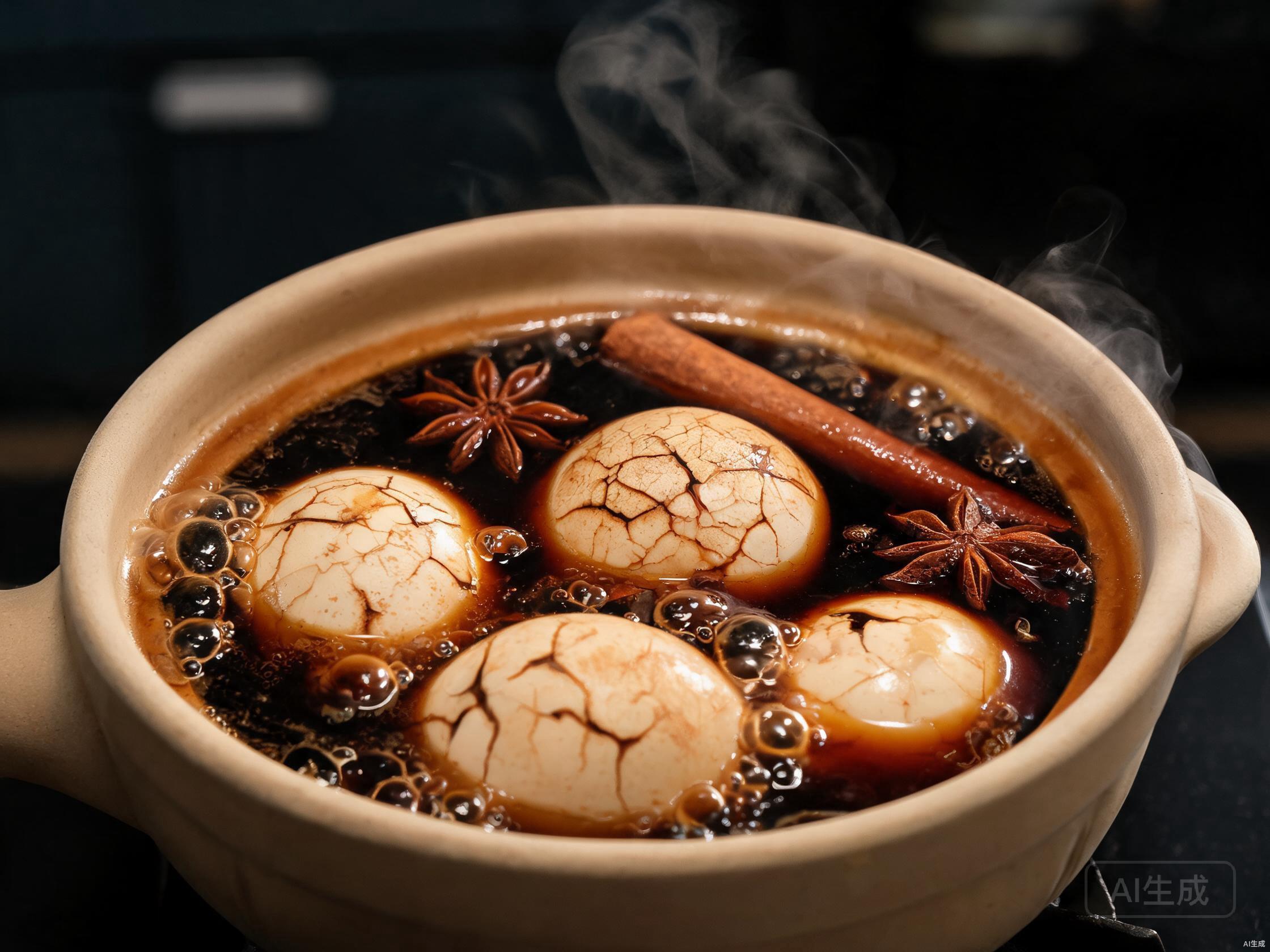 Simmer cracked eggs in tea broth