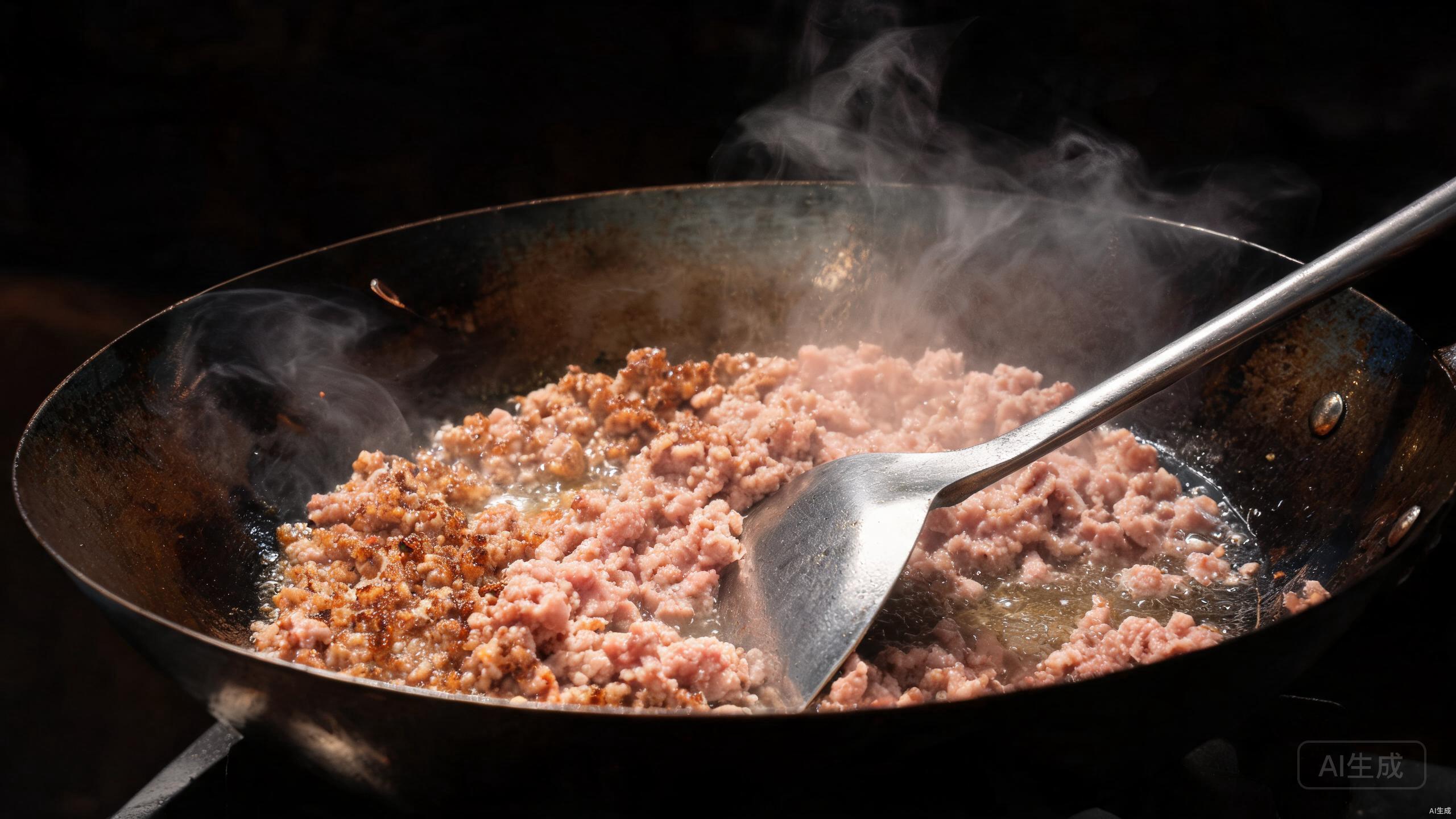 Browning minced pork in a wok over medium-high heat