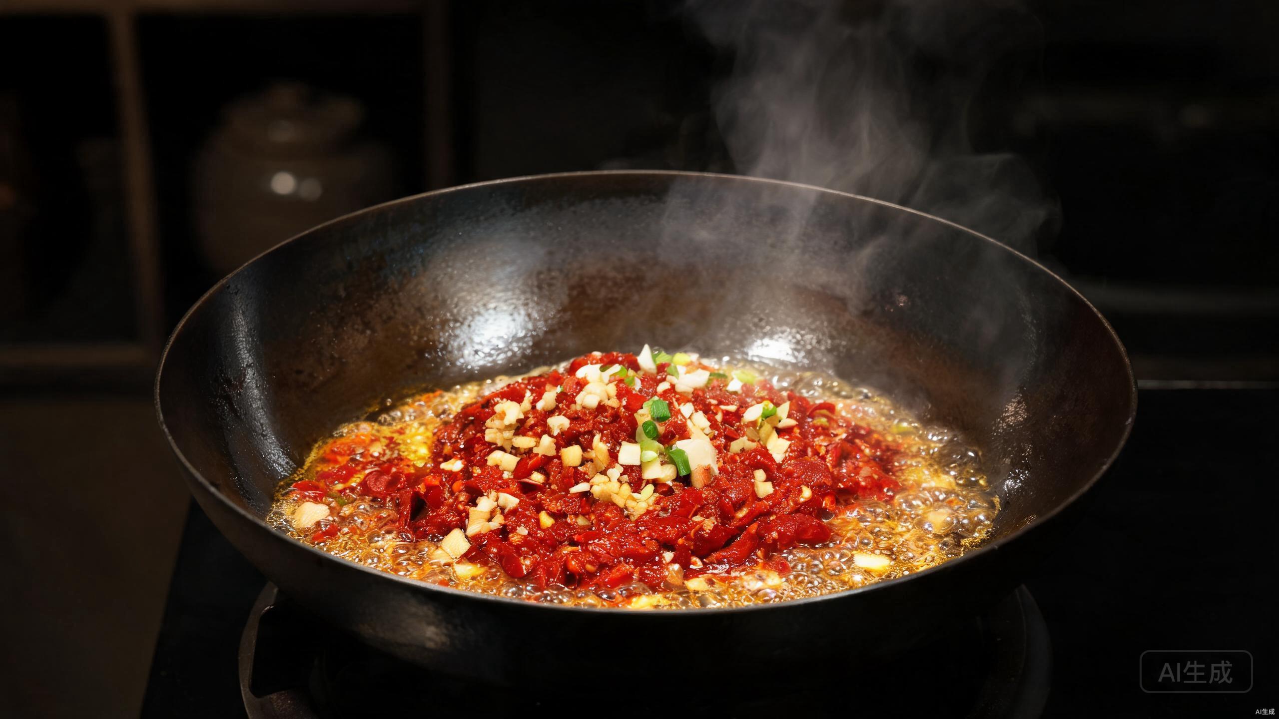 Frying chili bean paste and aromatics in a wok