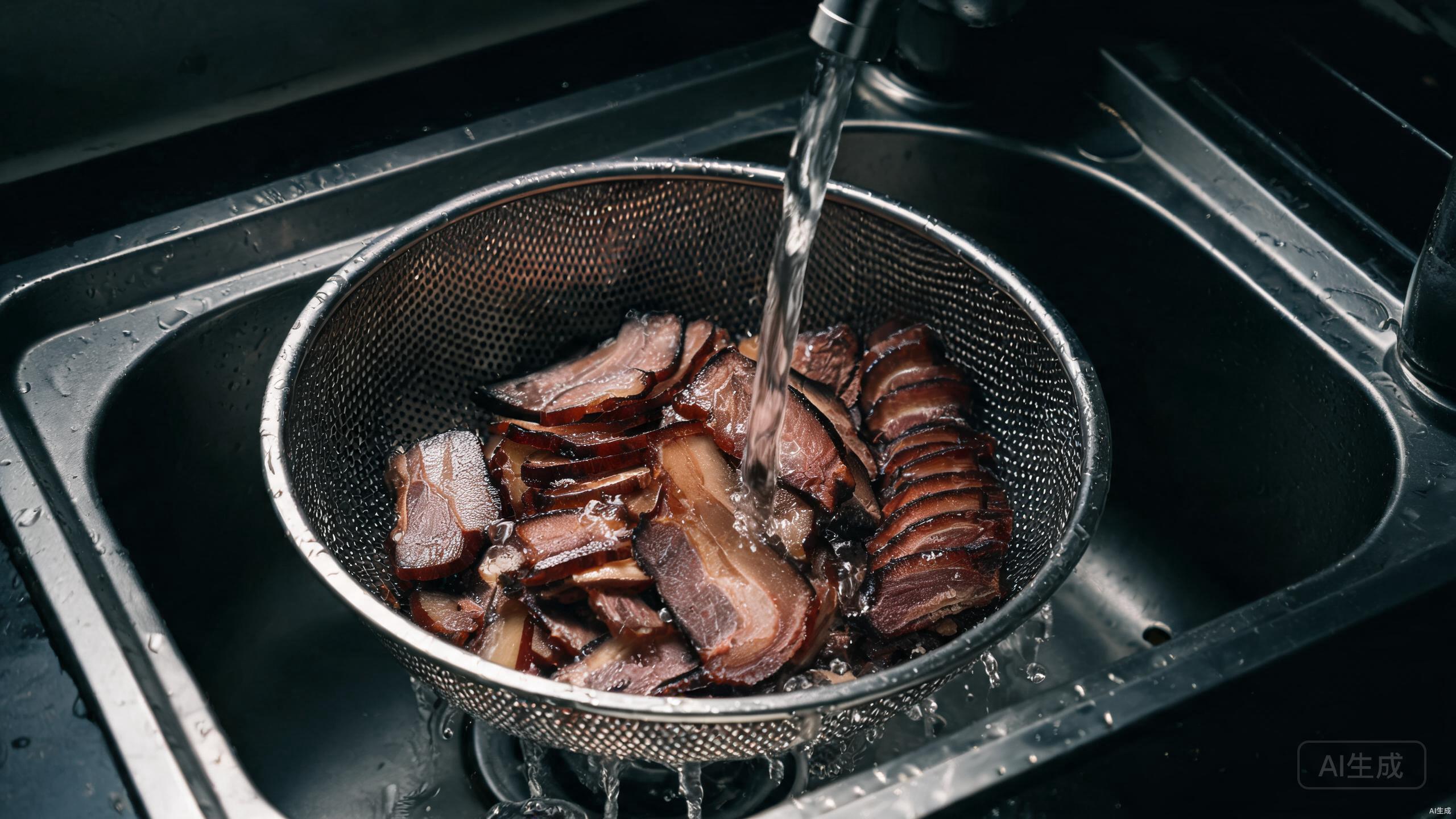 Rinsing smoked pork slices under water in a colander