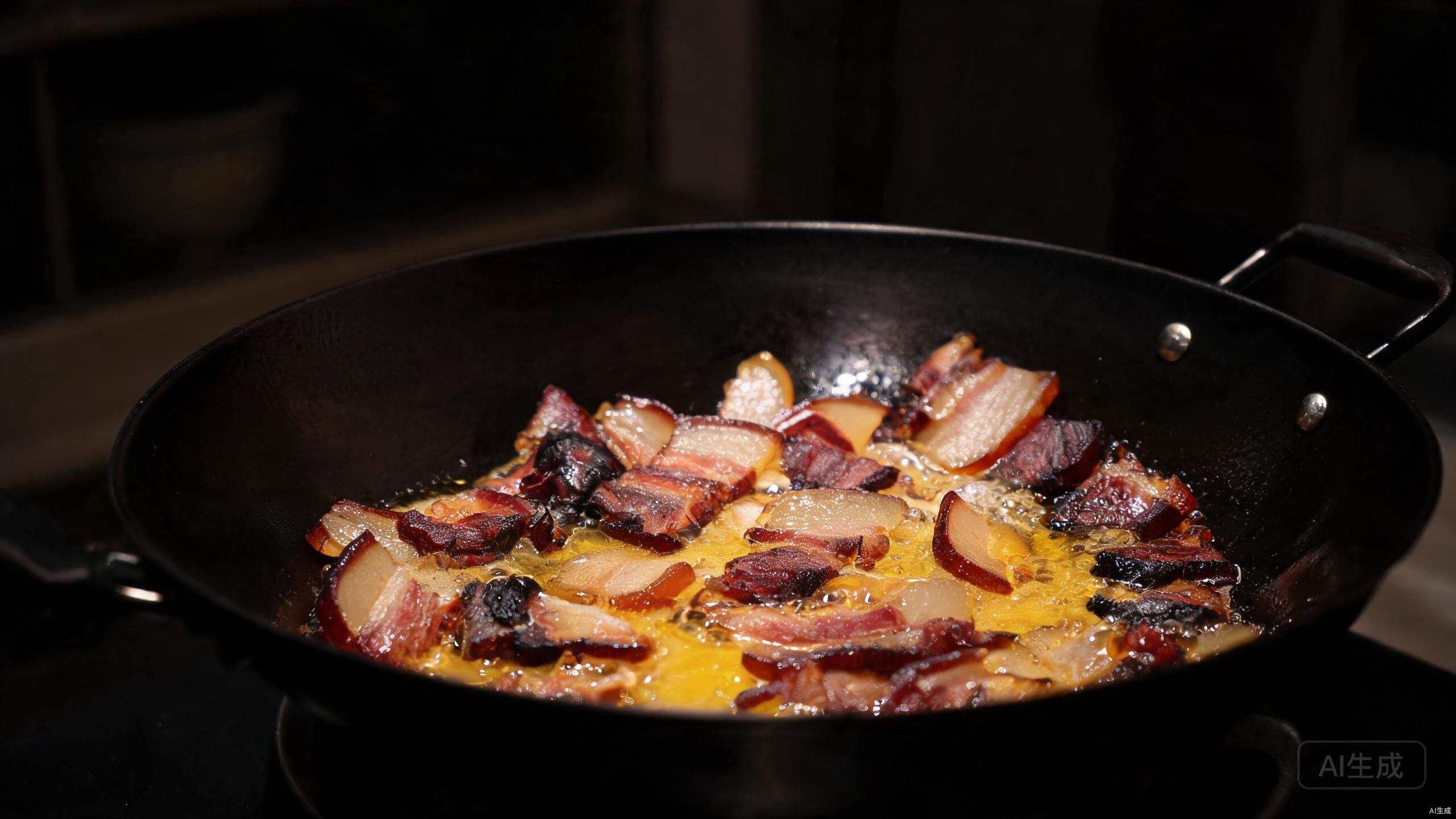 Rendering smoked pork fat in a wok over medium heat