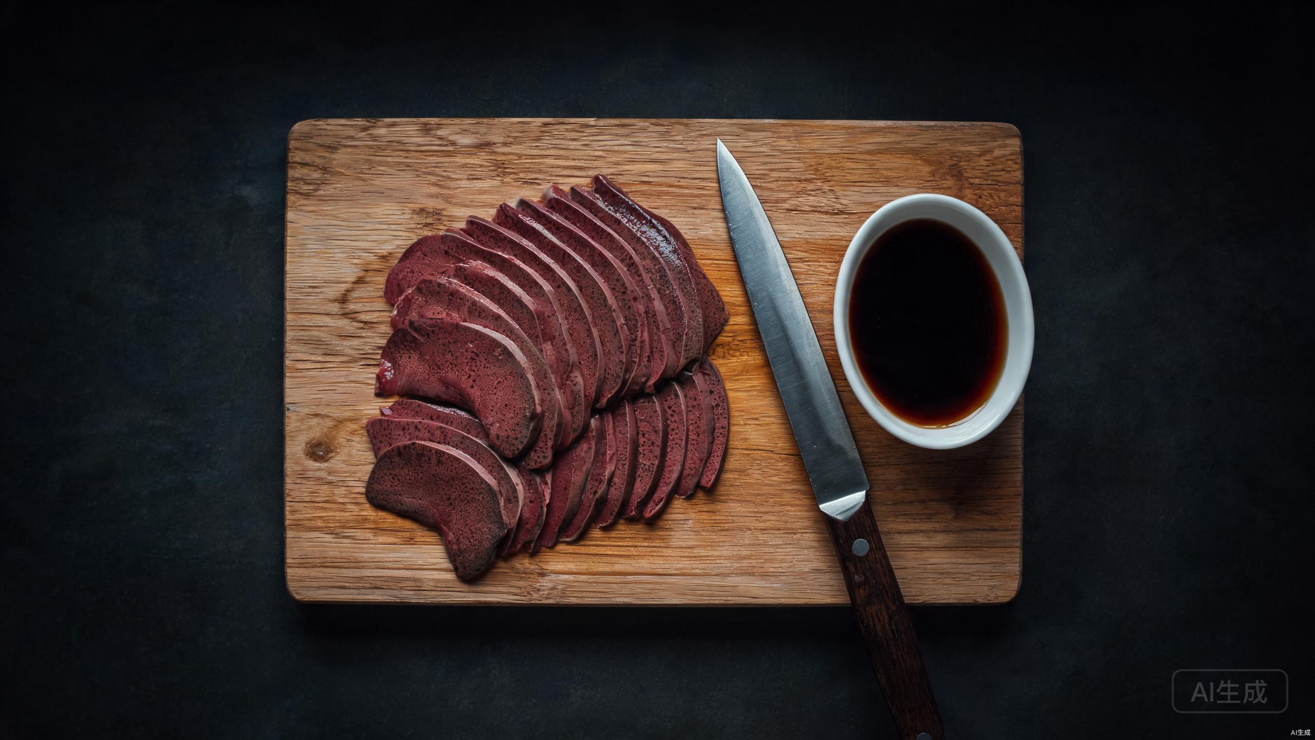 Slicing raw pork liver into thin pieces on a cutting board