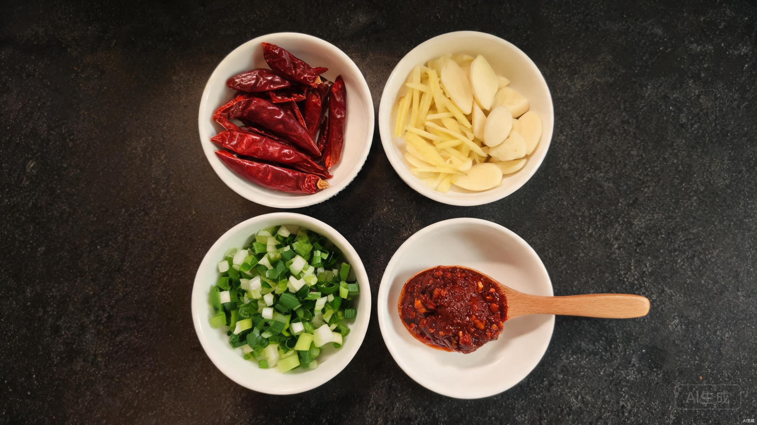 Prepped ingredients arranged in small bowls on a dark counter