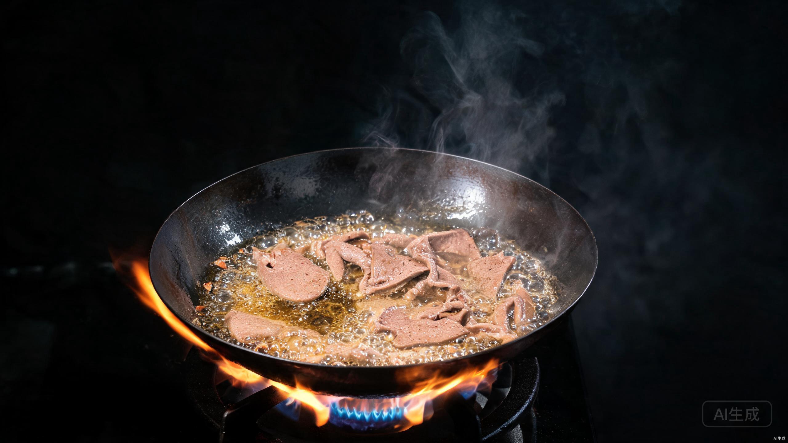 Quick-blanching pork liver slices in hot oil in a wok