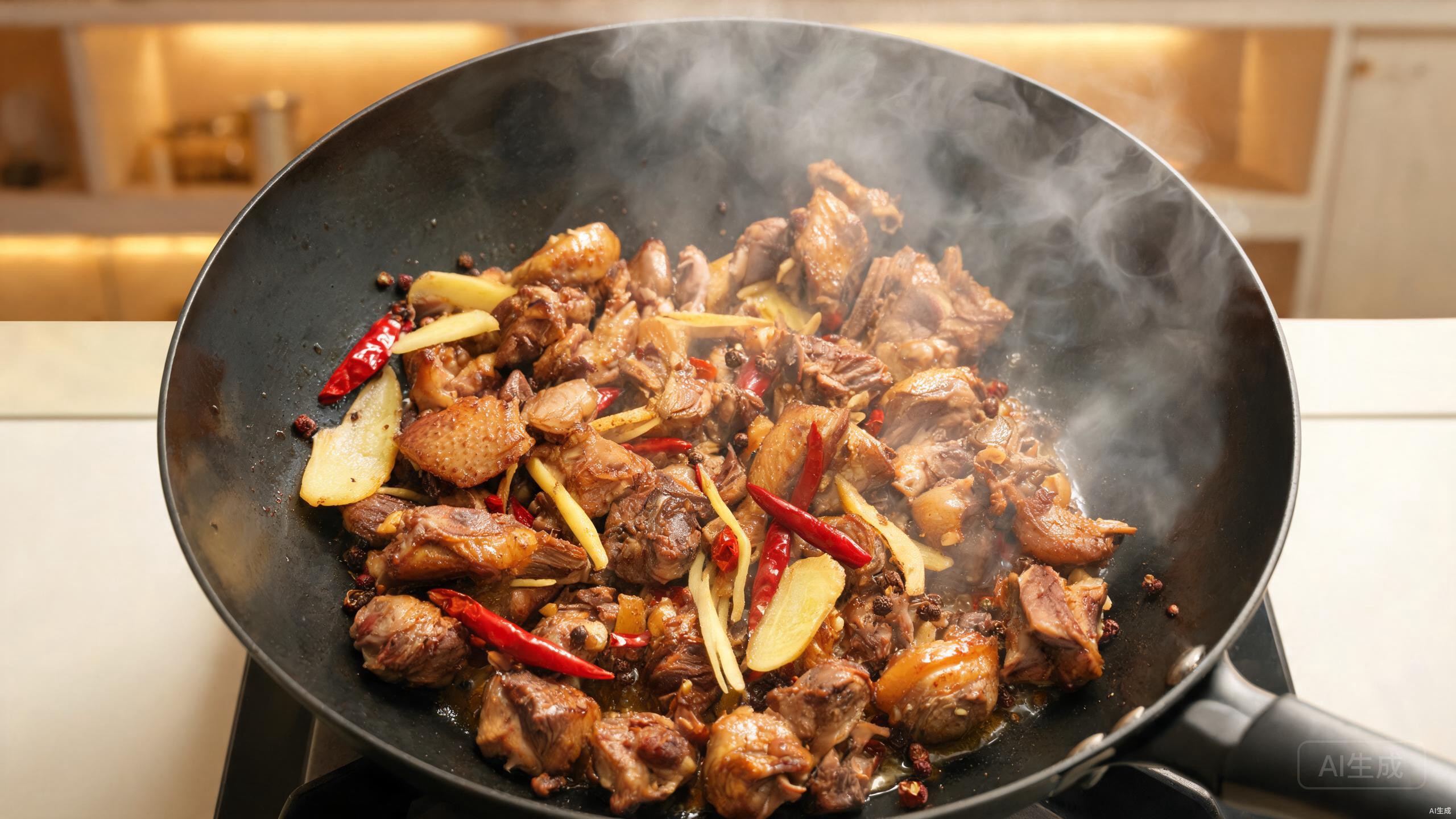 Duck pieces stir-frying in a wok with ginger and dried chilies
