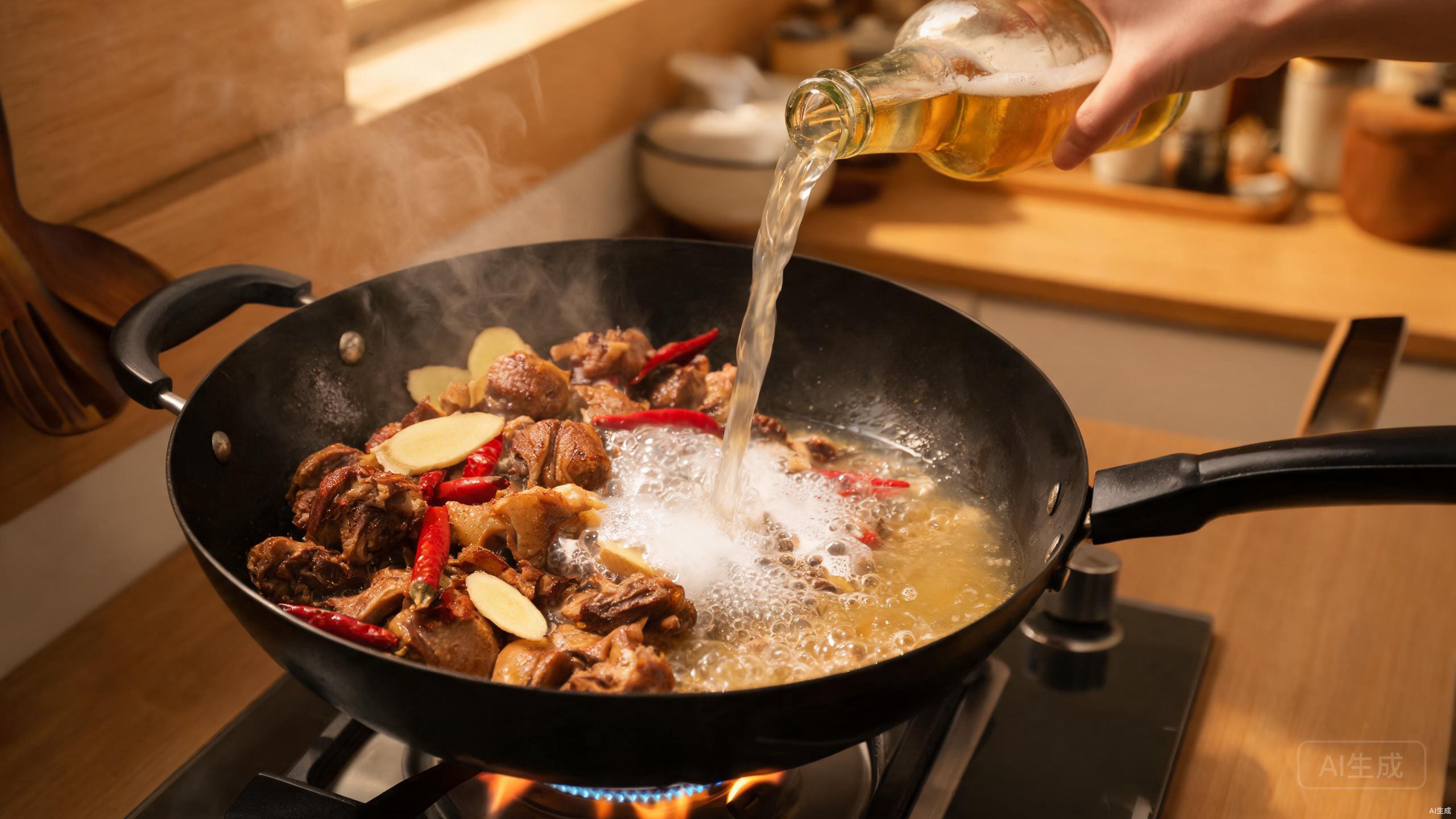 Beer being poured into a wok with duck pieces