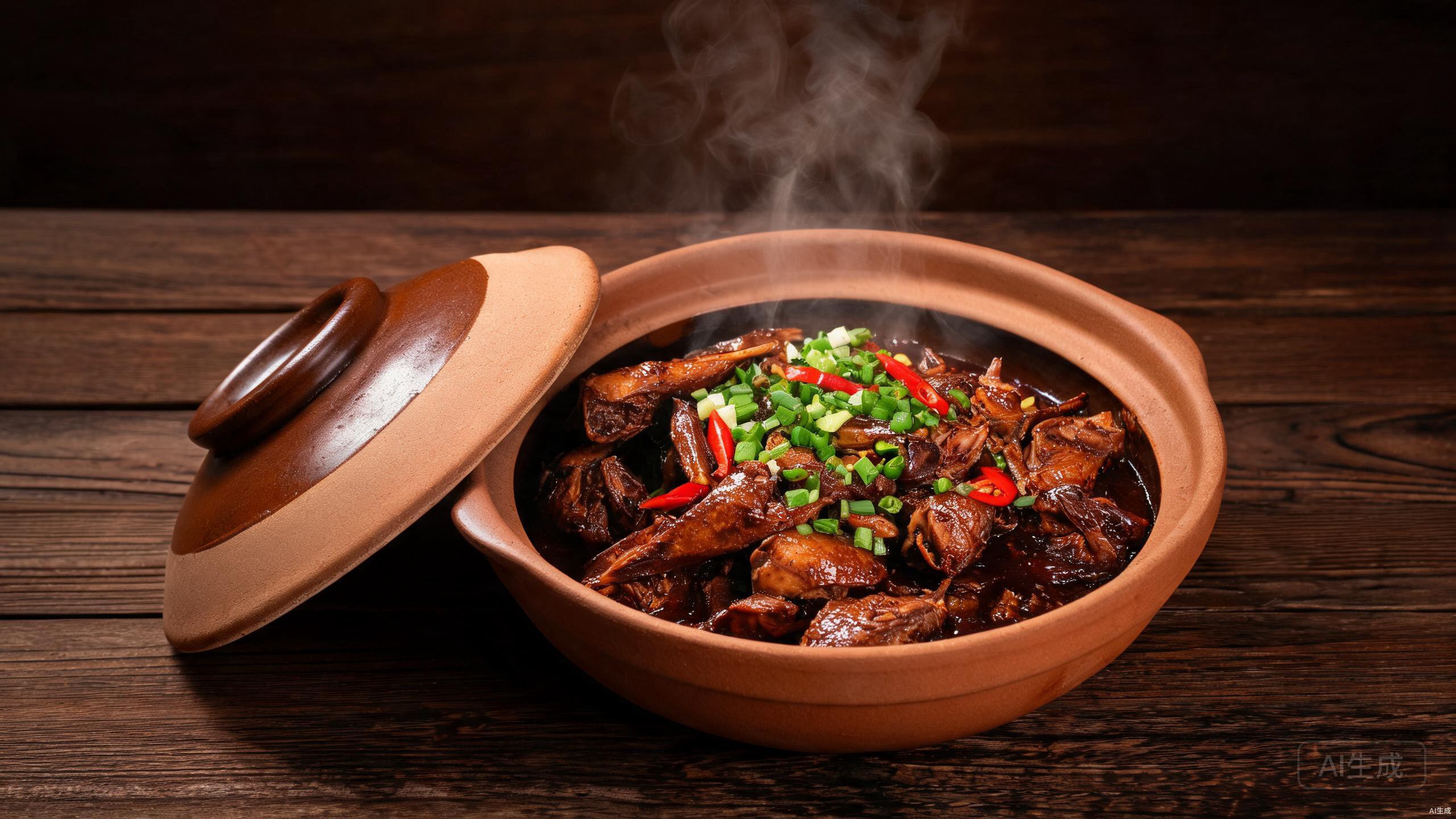 Finished beer duck in a clay pot with scallions