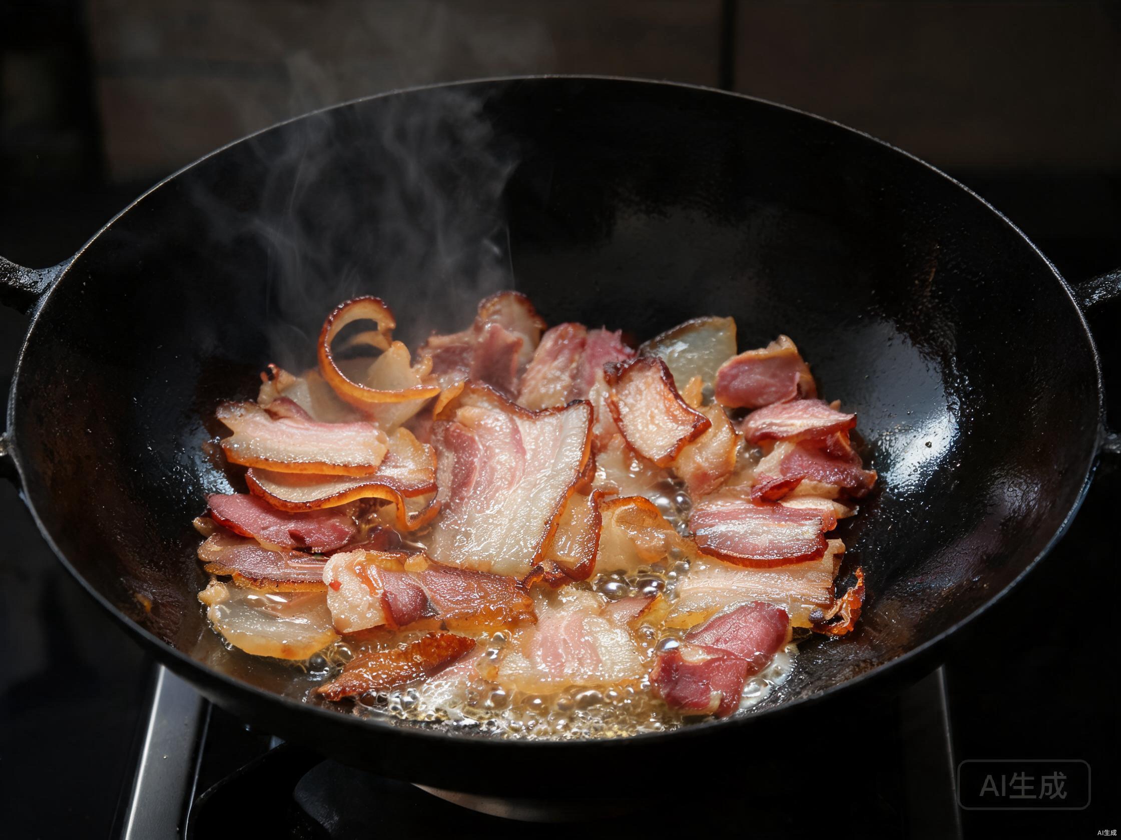 Render cured pork in dry wok
