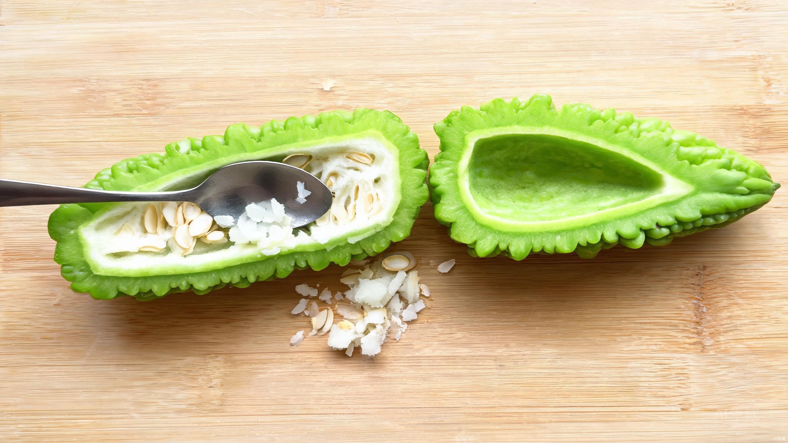 Halving and scraping bitter melon on a cutting board