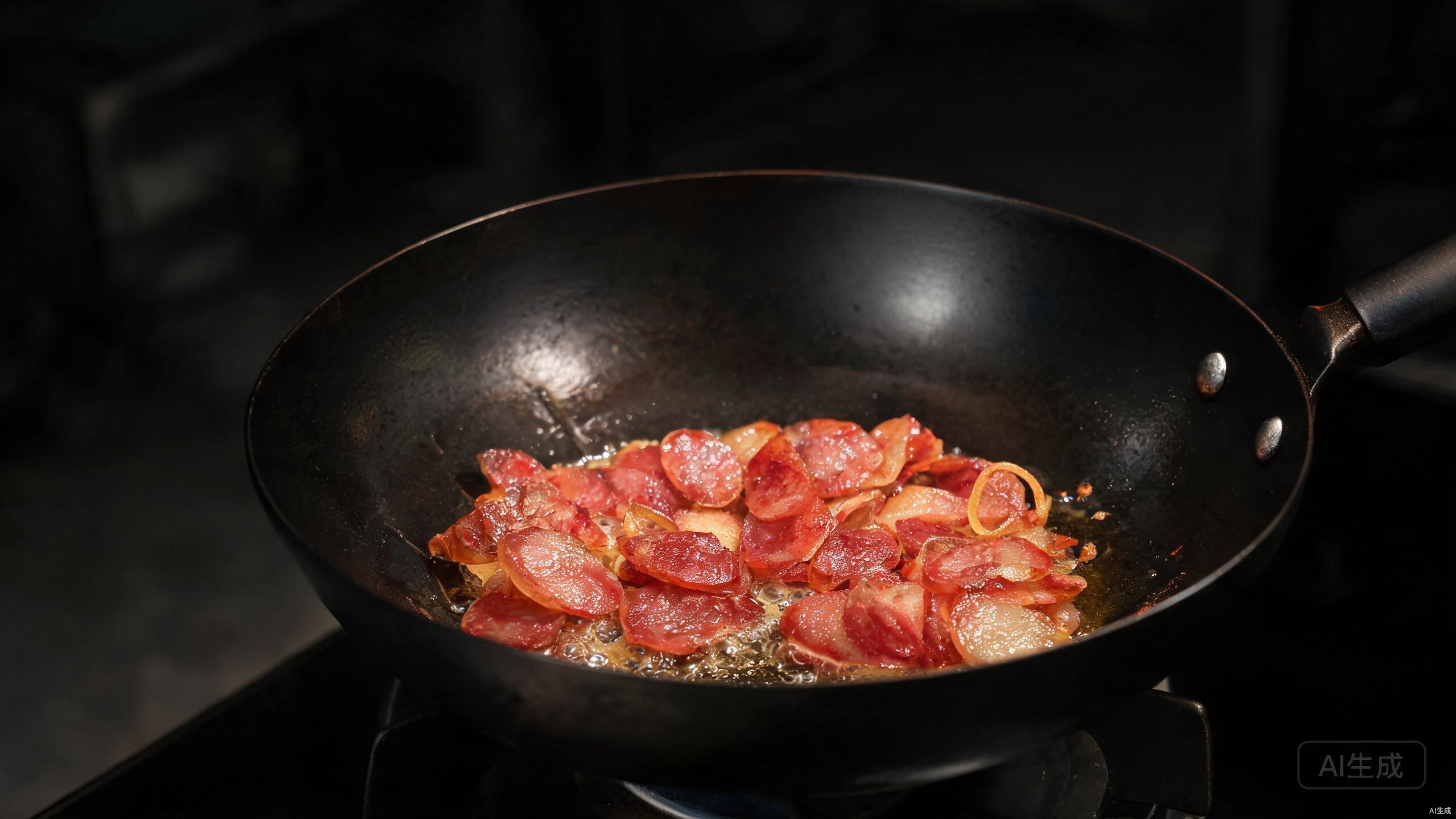 Rendering cured sausage slices in a dry wok