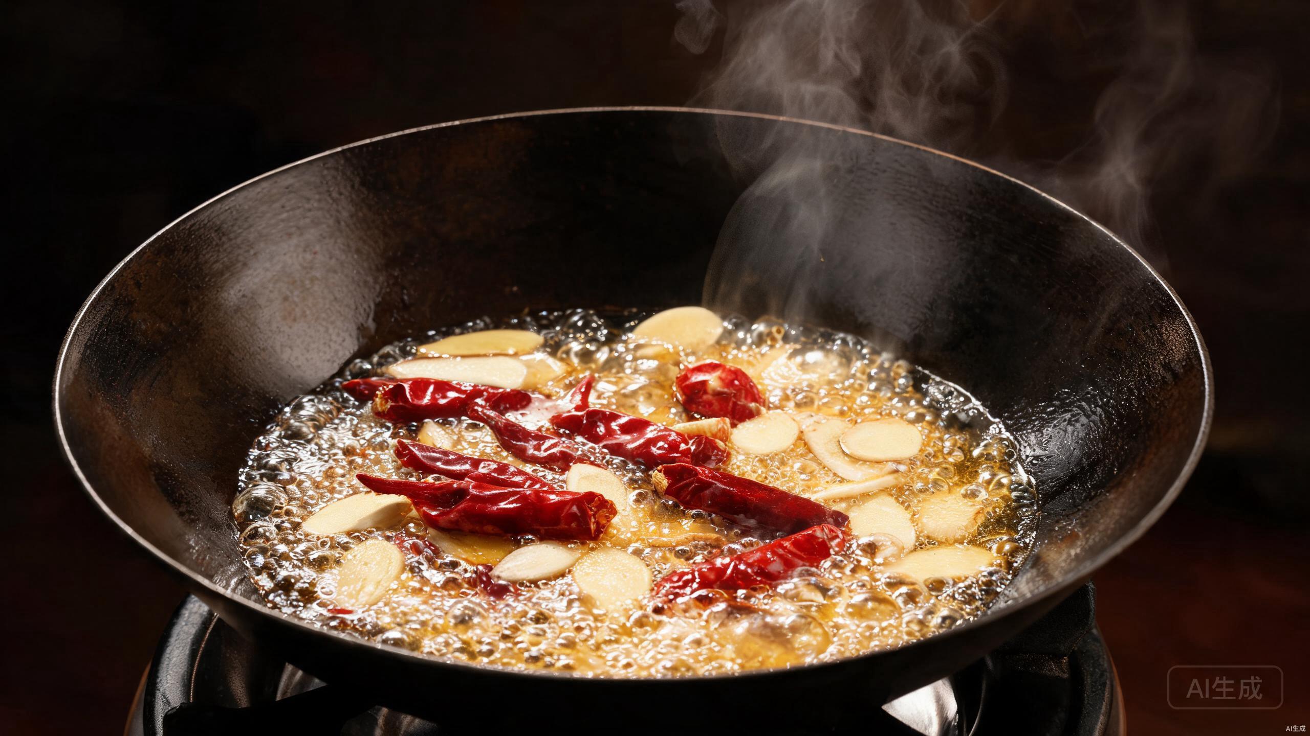 Frying aromatics in rendered sausage fat in a wok