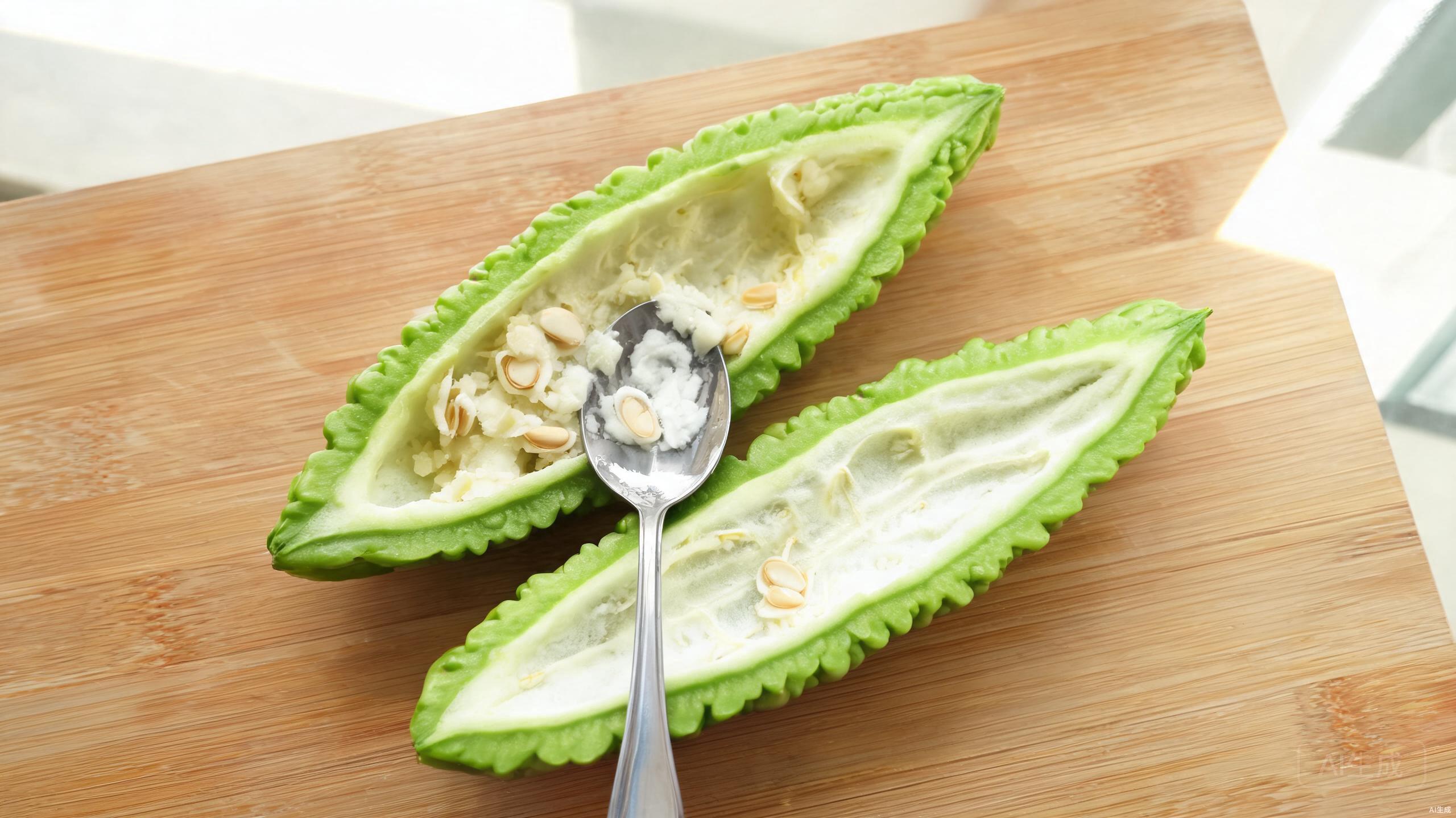 Halving and scraping bitter melon on a wooden cutting board