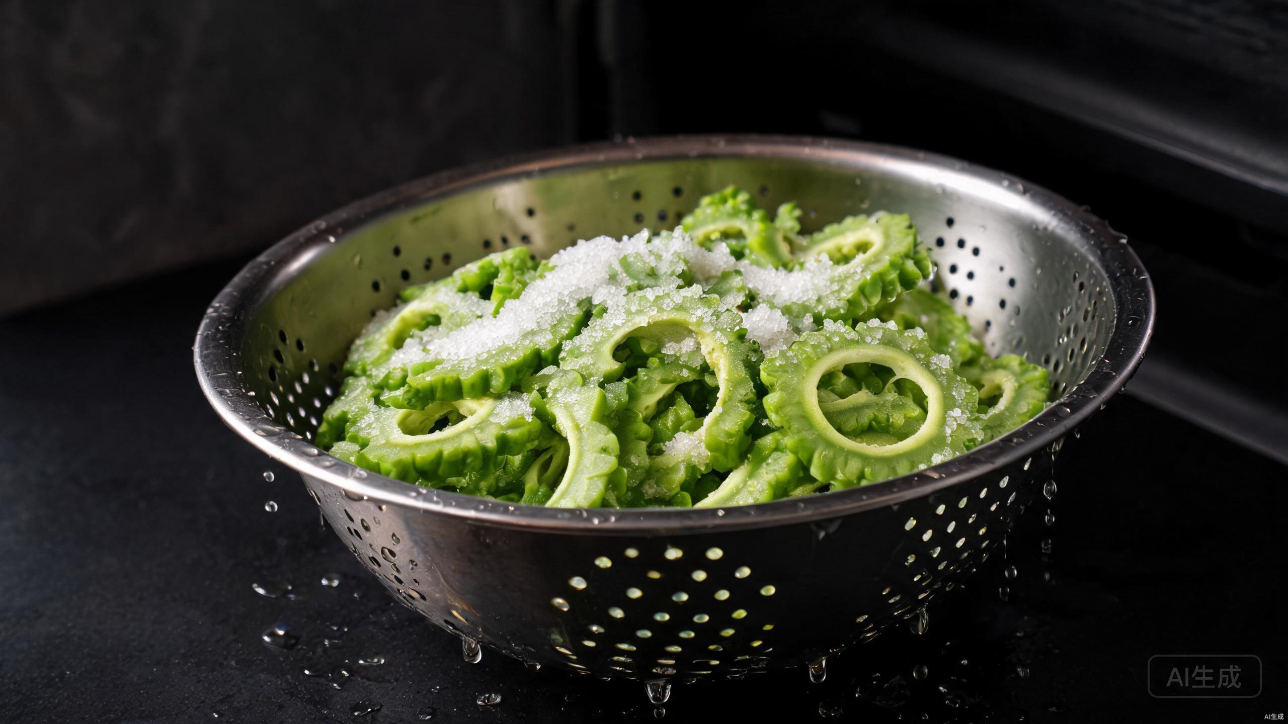 Salting bitter melon slices in a colander to remove bitterness