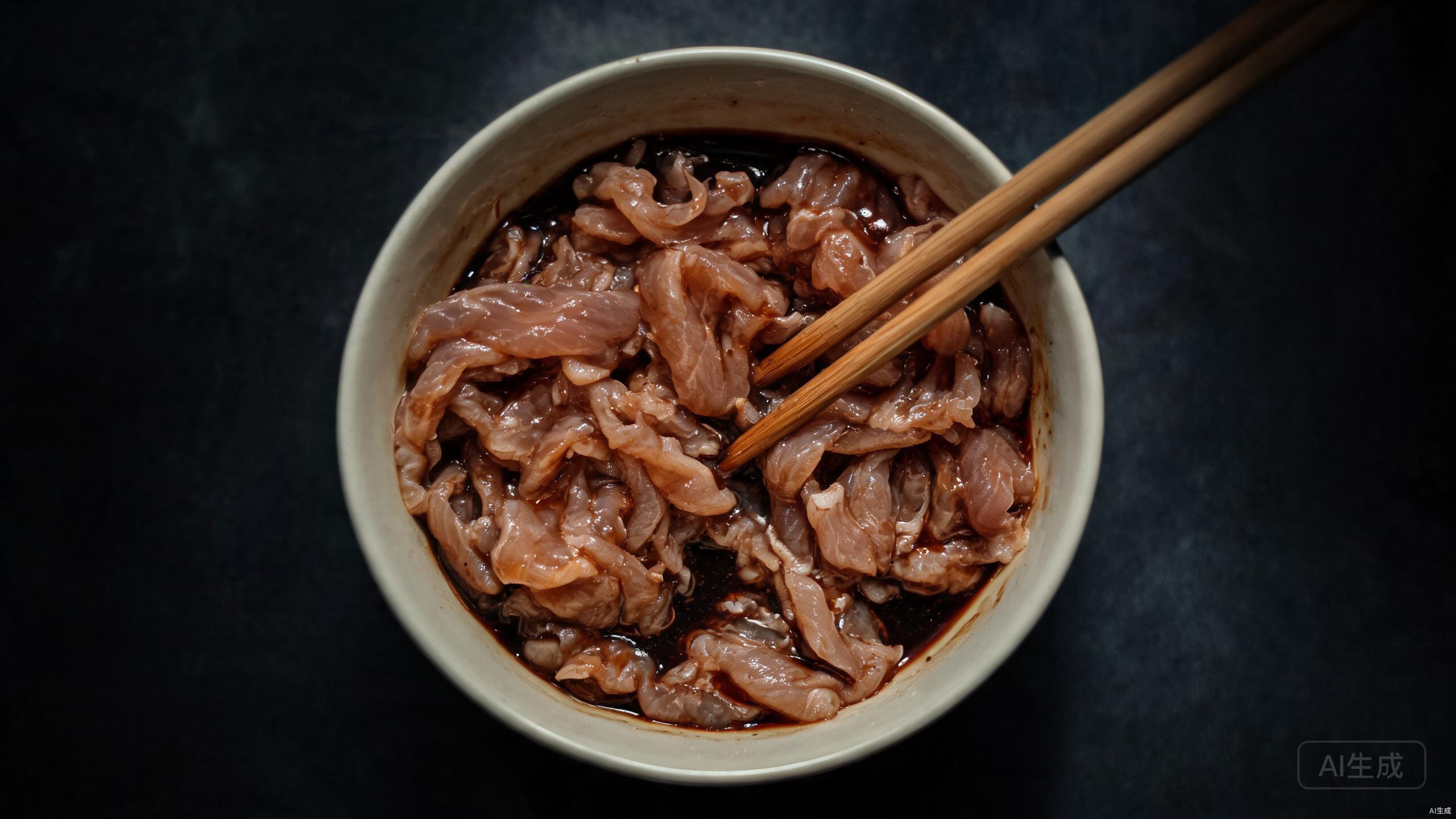 Marinating thin pork slices in a ceramic bowl