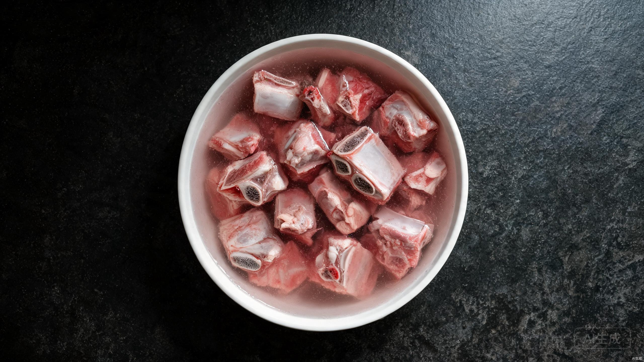 Pork rib pieces soaking in cold water in a white bowl