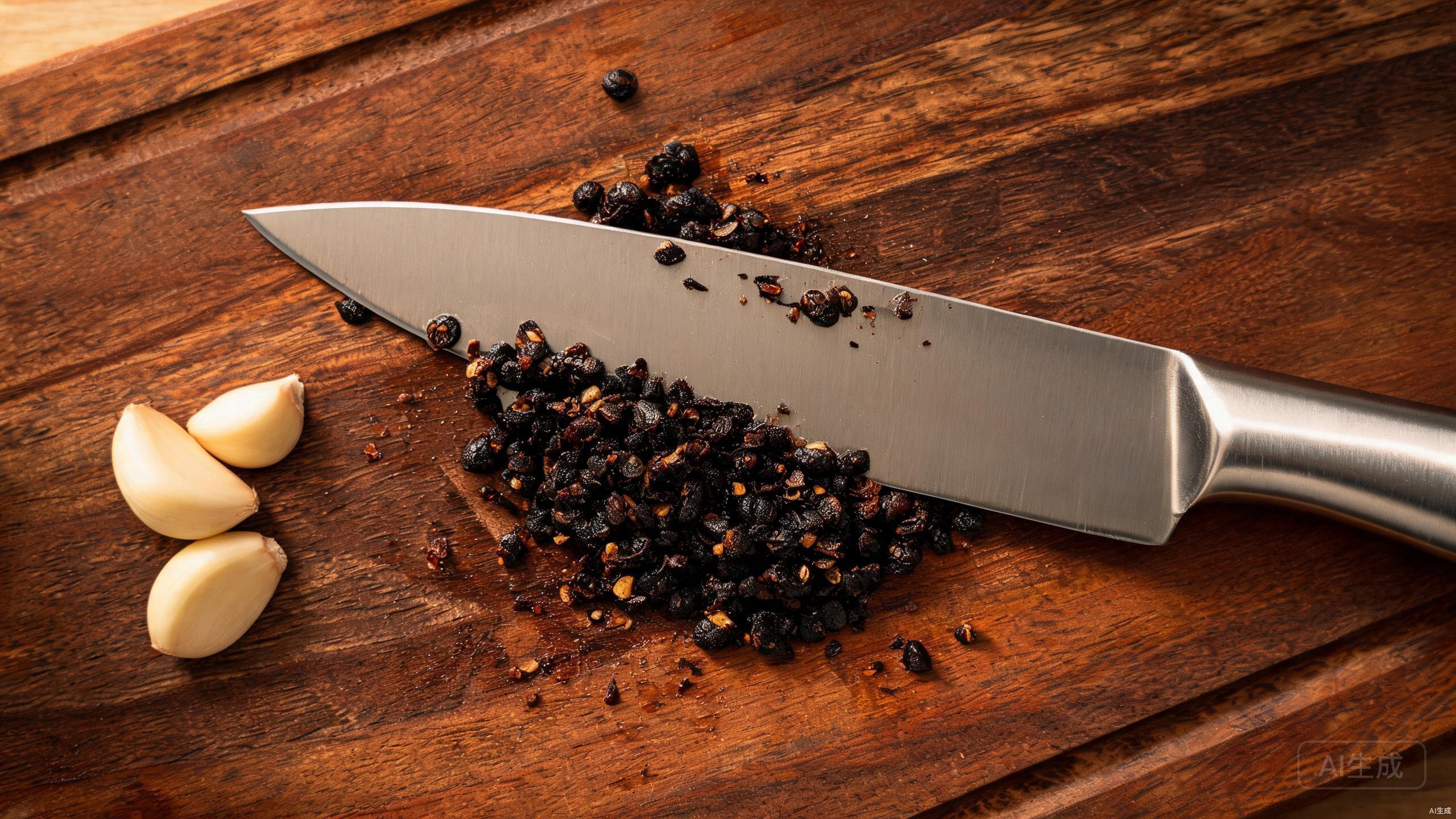 Crushing fermented black beans with a knife on a cutting board