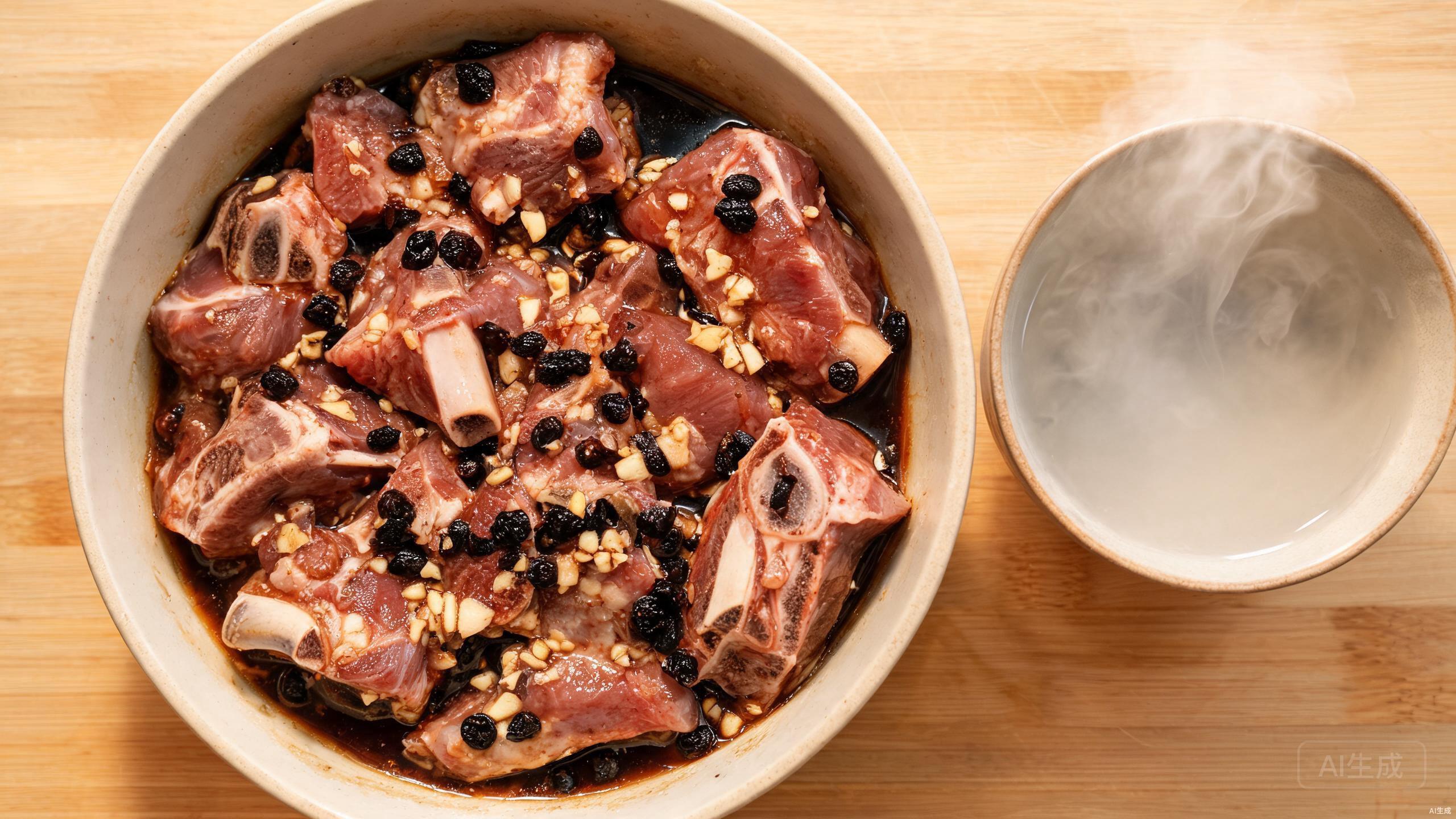 Marinating pork ribs with black bean garlic mixture in a bowl