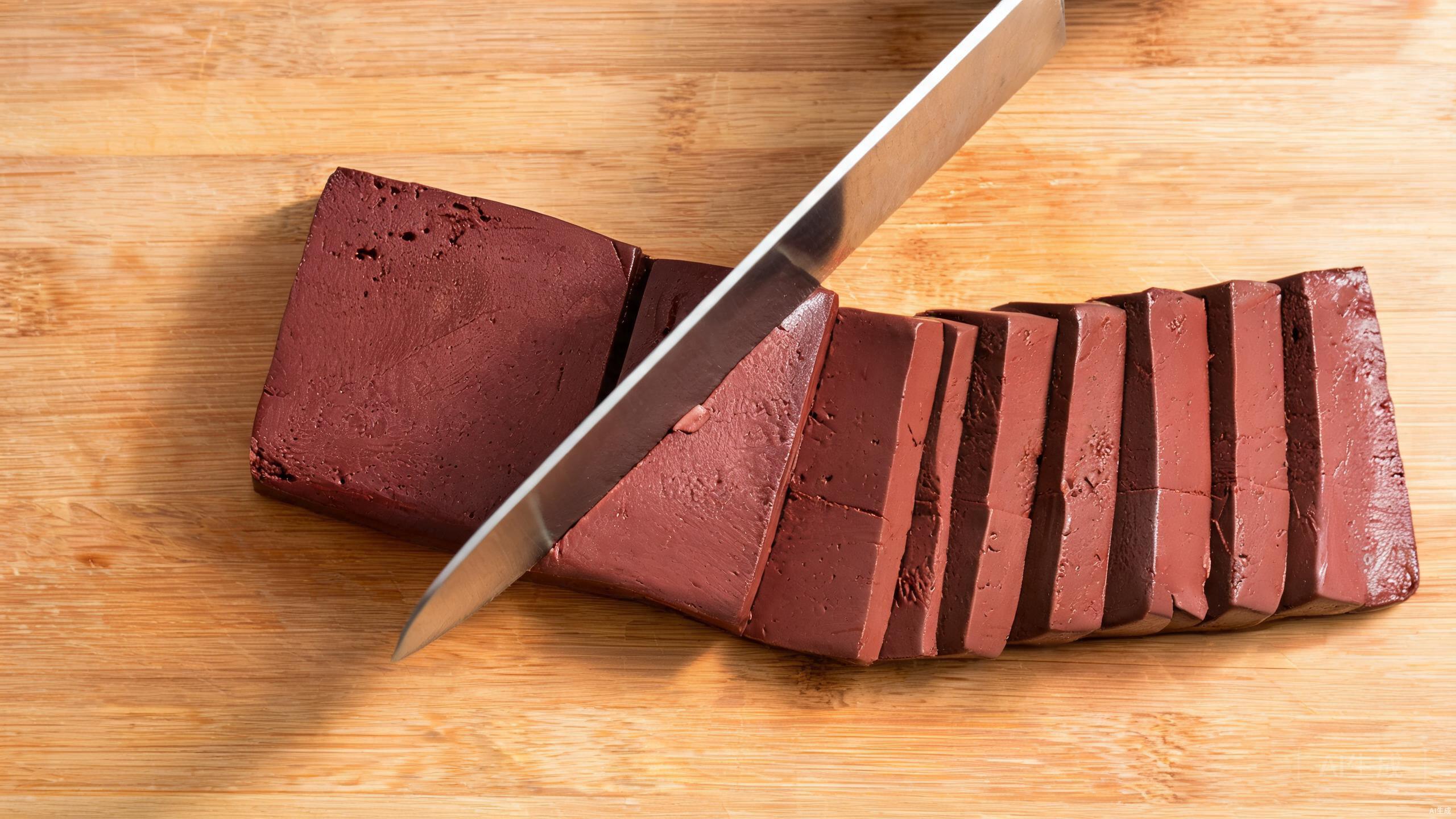Slicing blood cake into rectangular pieces on a cutting board