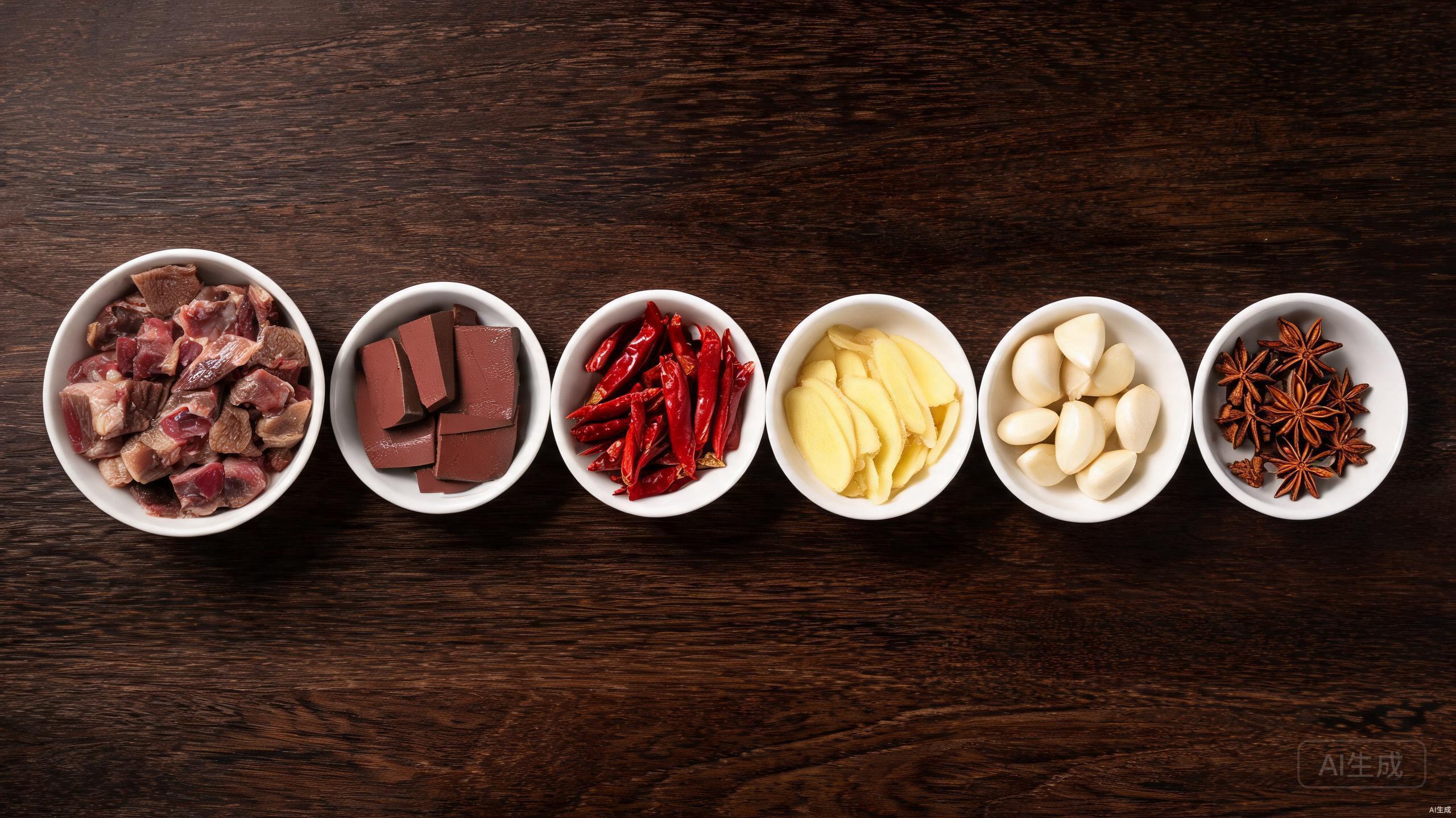 Organized cooking ingredients in bowls on a dark counter
