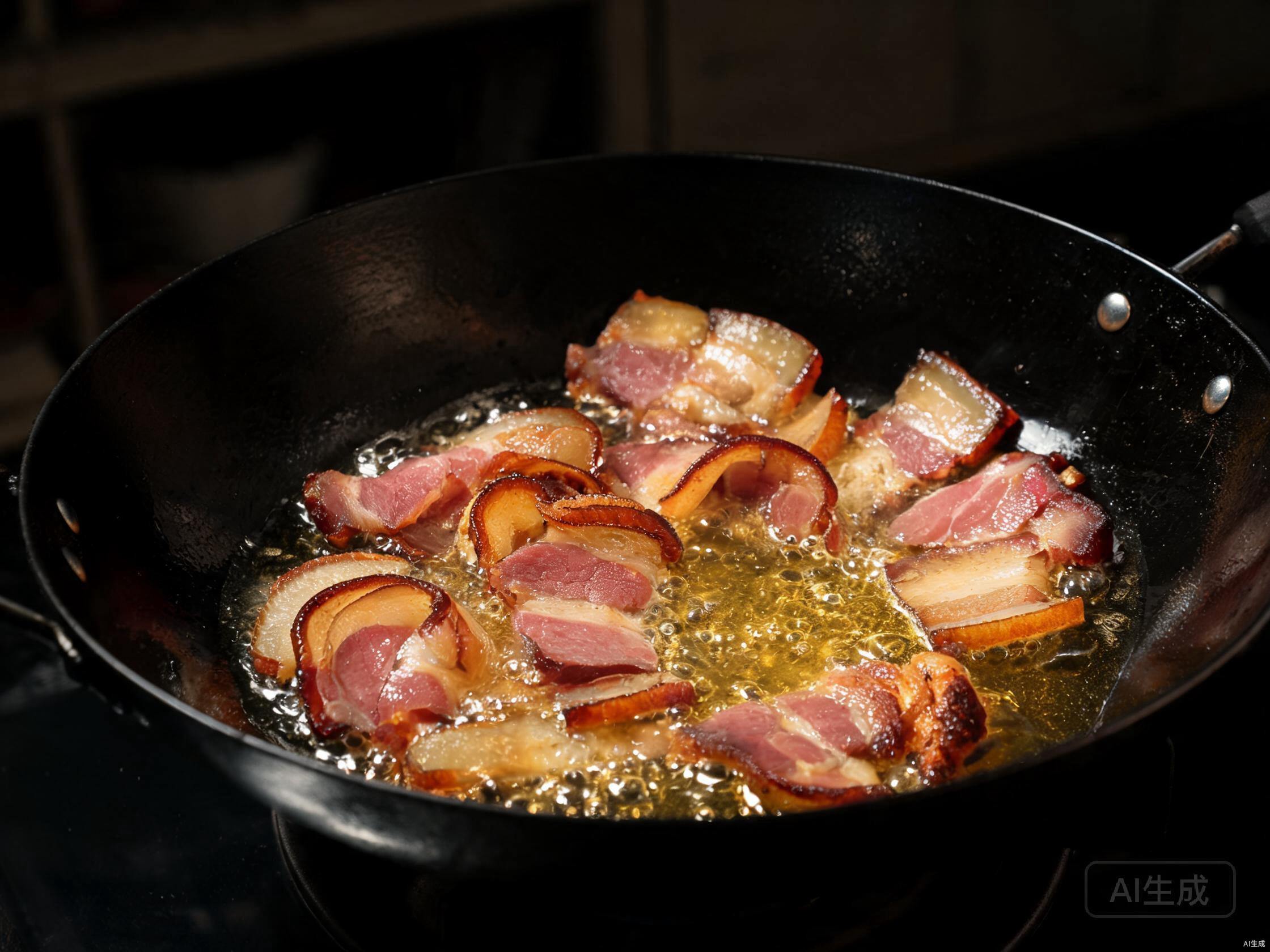 Render pork fat in wok
