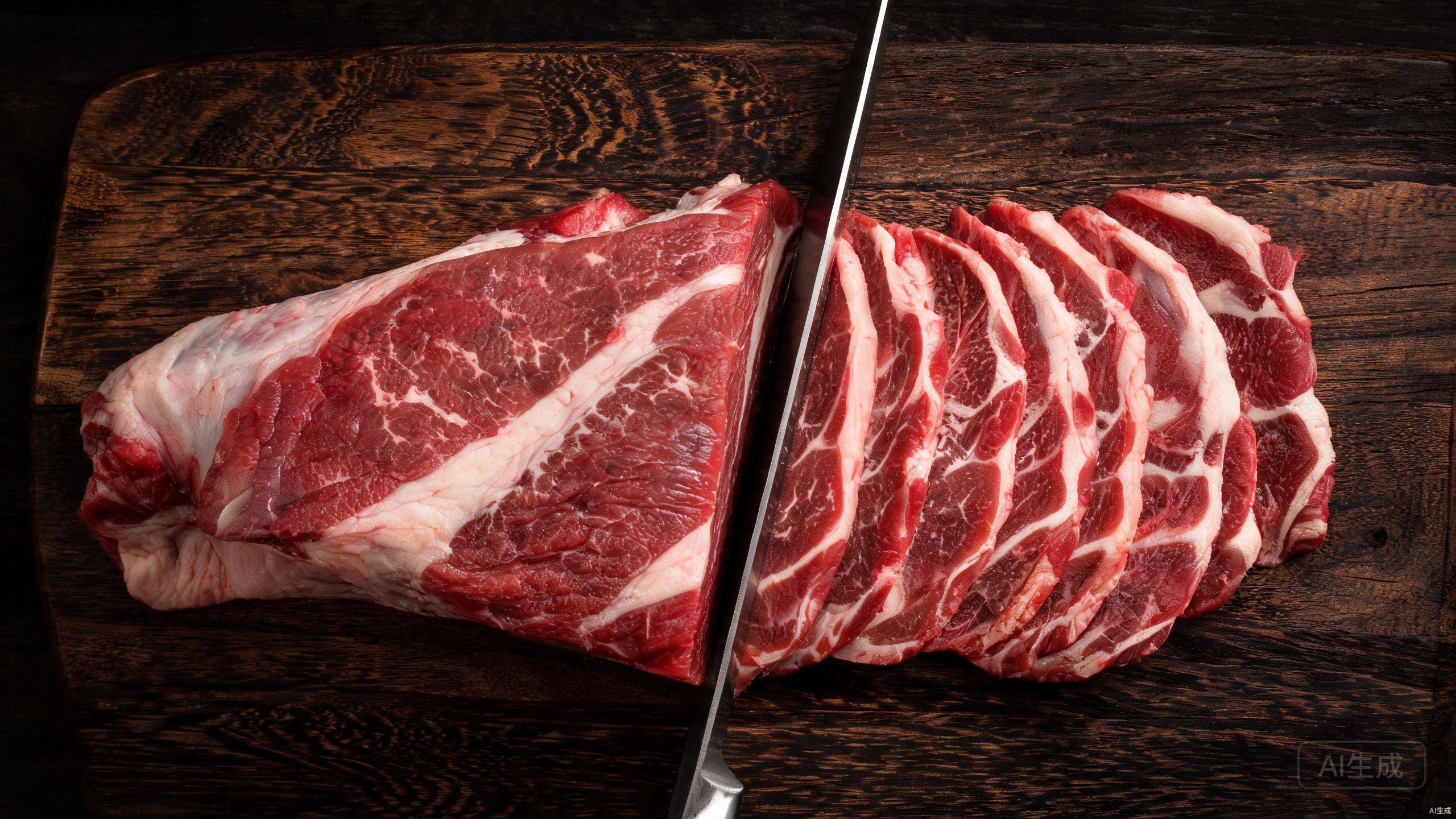 Slicing raw beef brisket against the grain on a wooden board