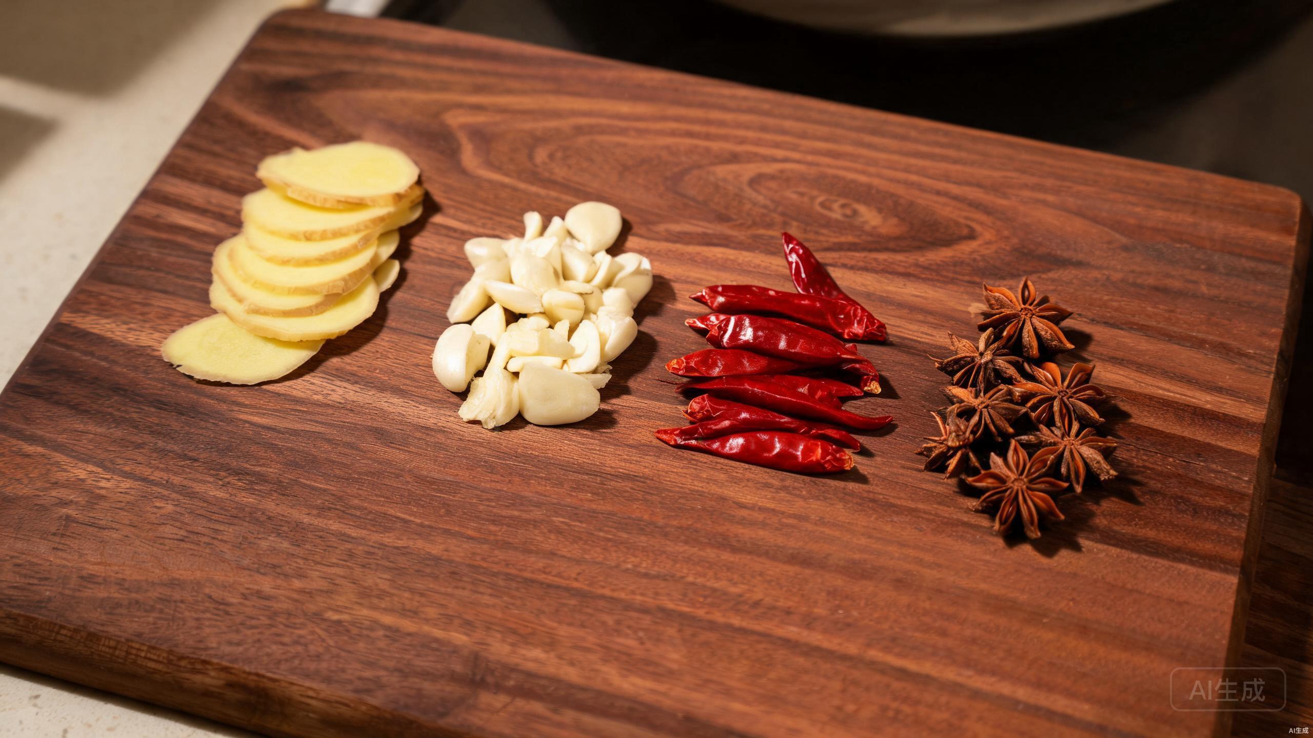 Preparing aromatics - ginger, garlic, chilies on a cutting board