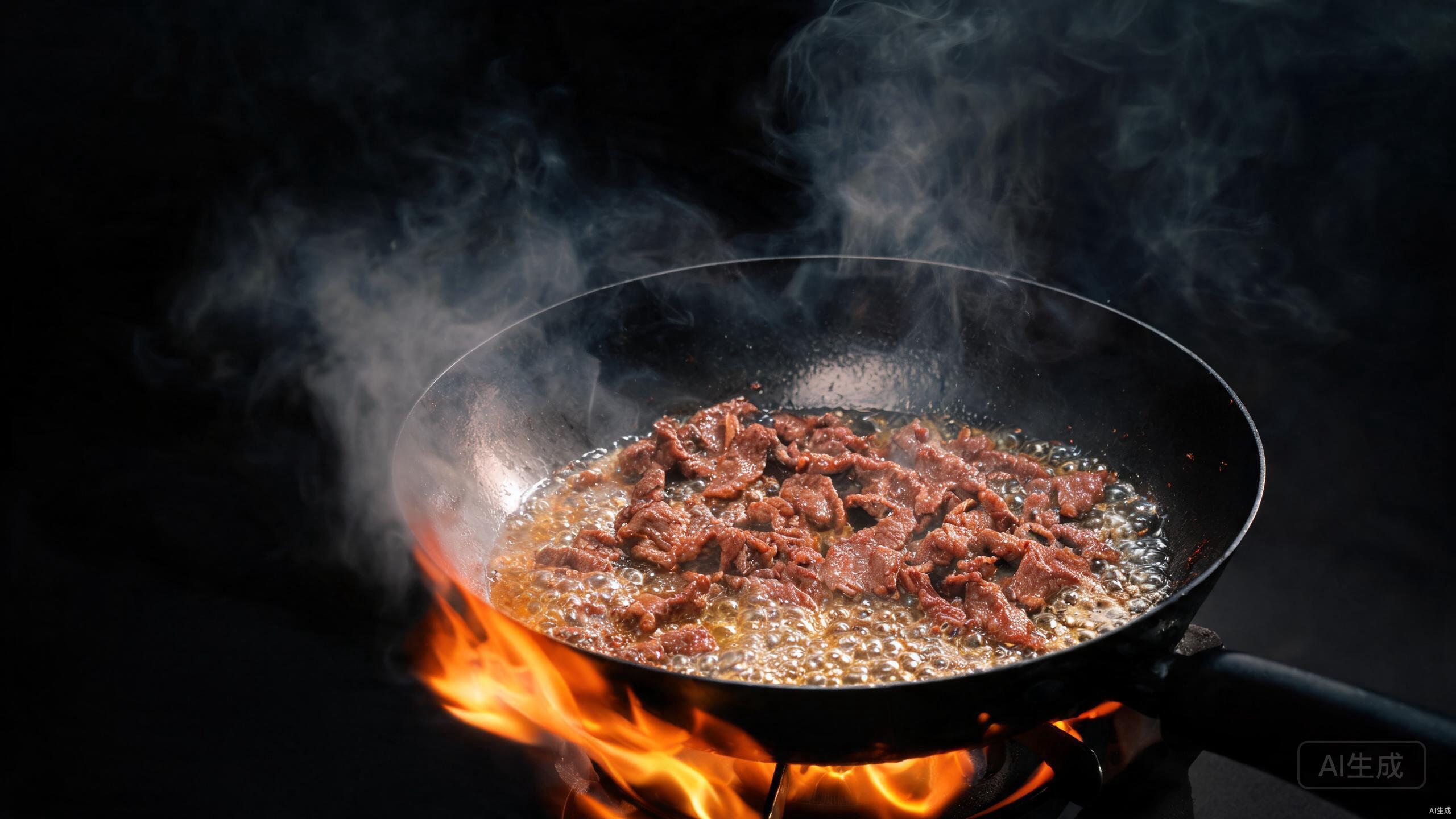 Stir-frying beef slices in a smoking hot wok