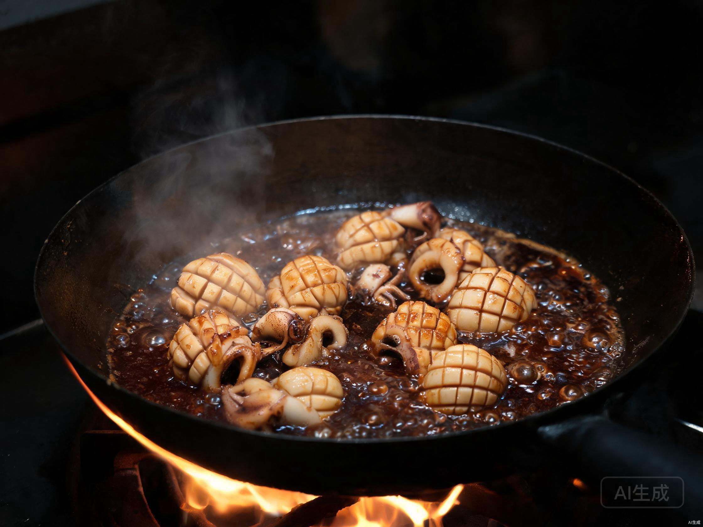 Cook cuttlefish in wok