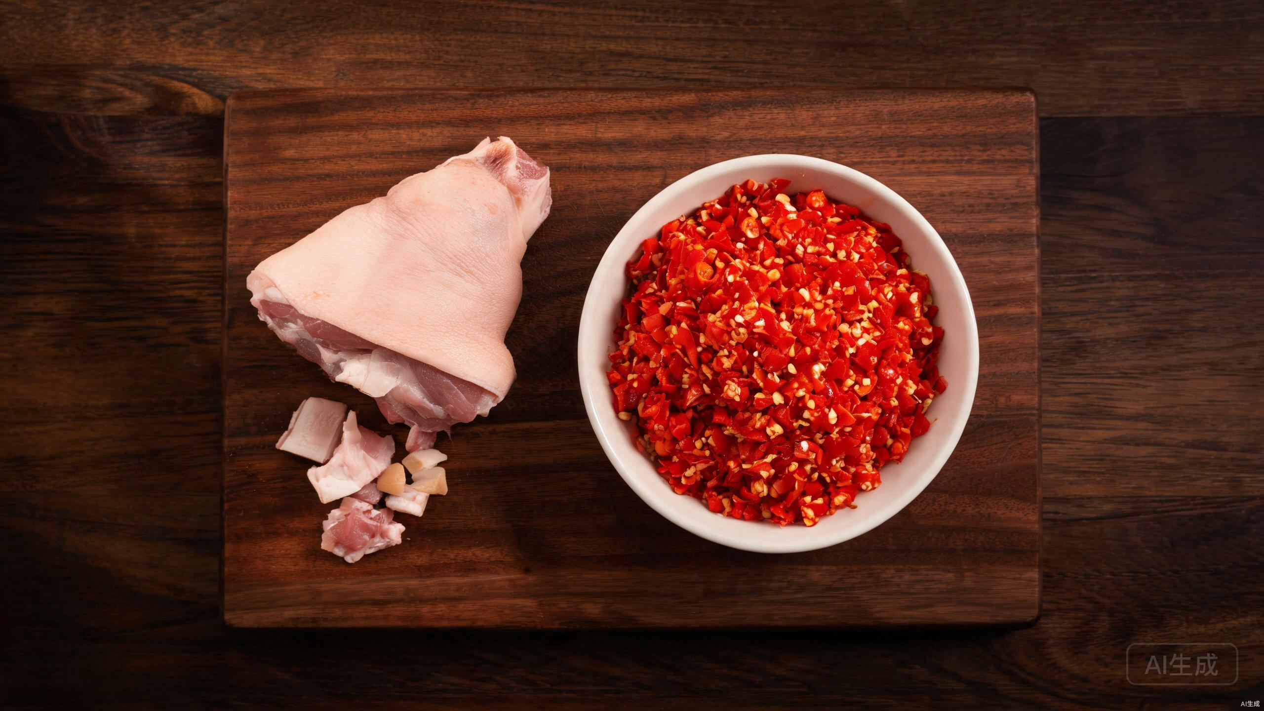 Preparing pork leg and chopped chilies on a cutting board