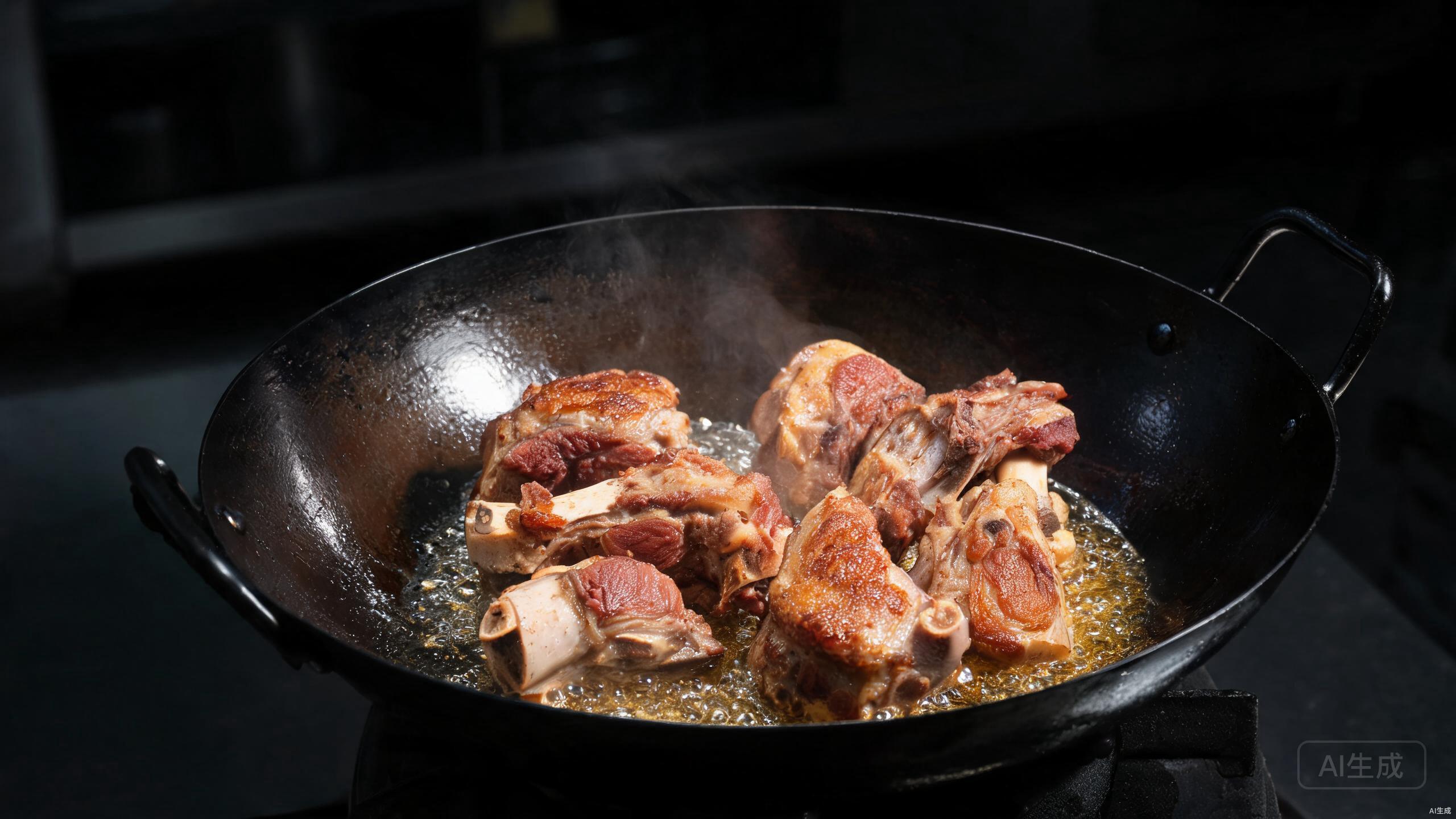Searing pork leg pieces in a hot wok