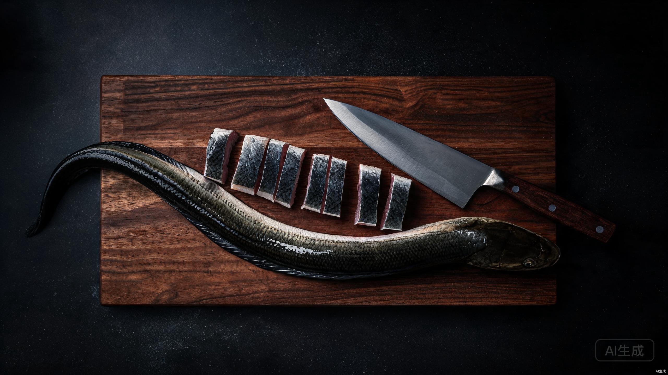 Cleaning and preparing fresh eel on a cutting board