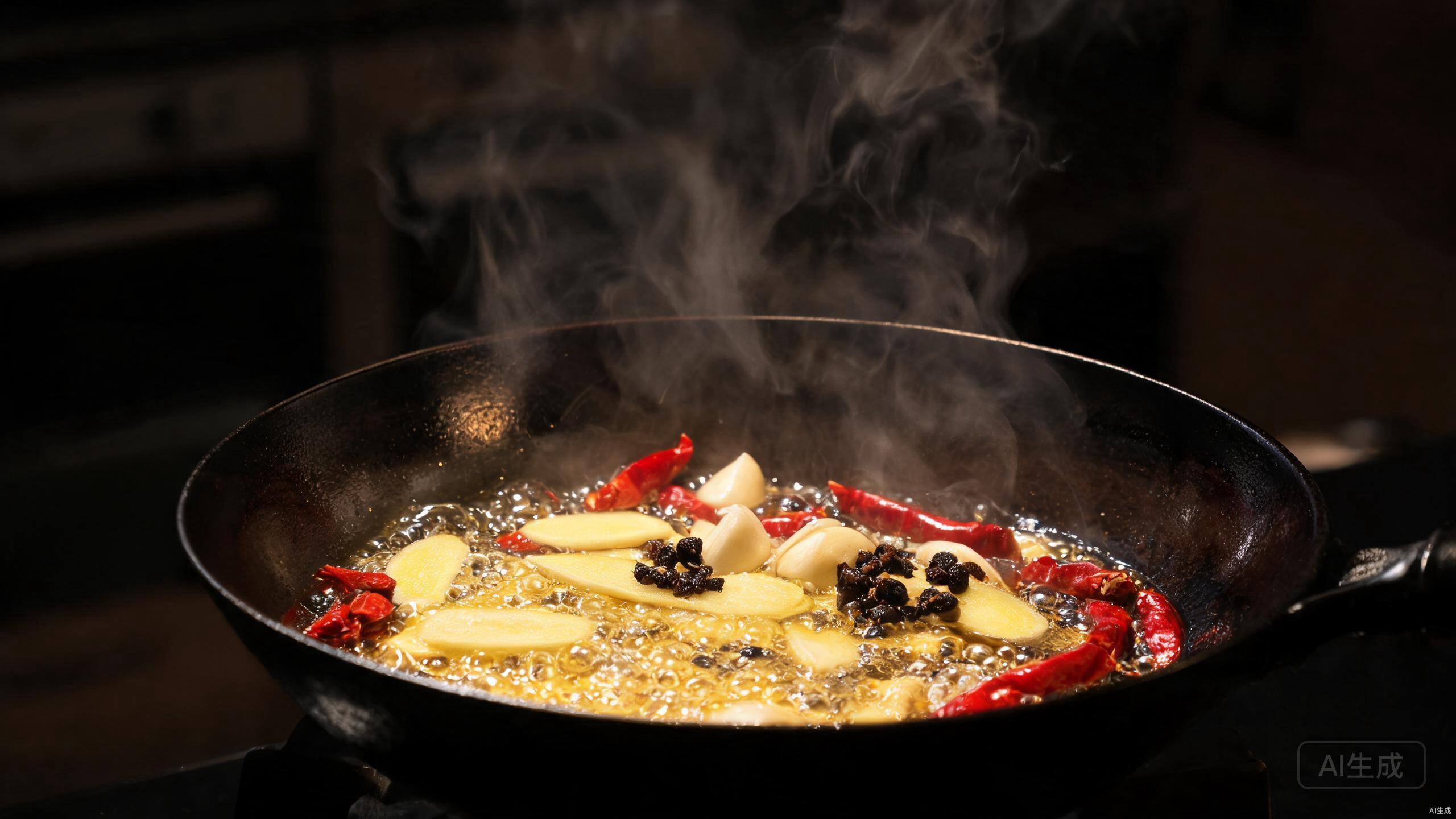 Frying aromatics and spices in a wok