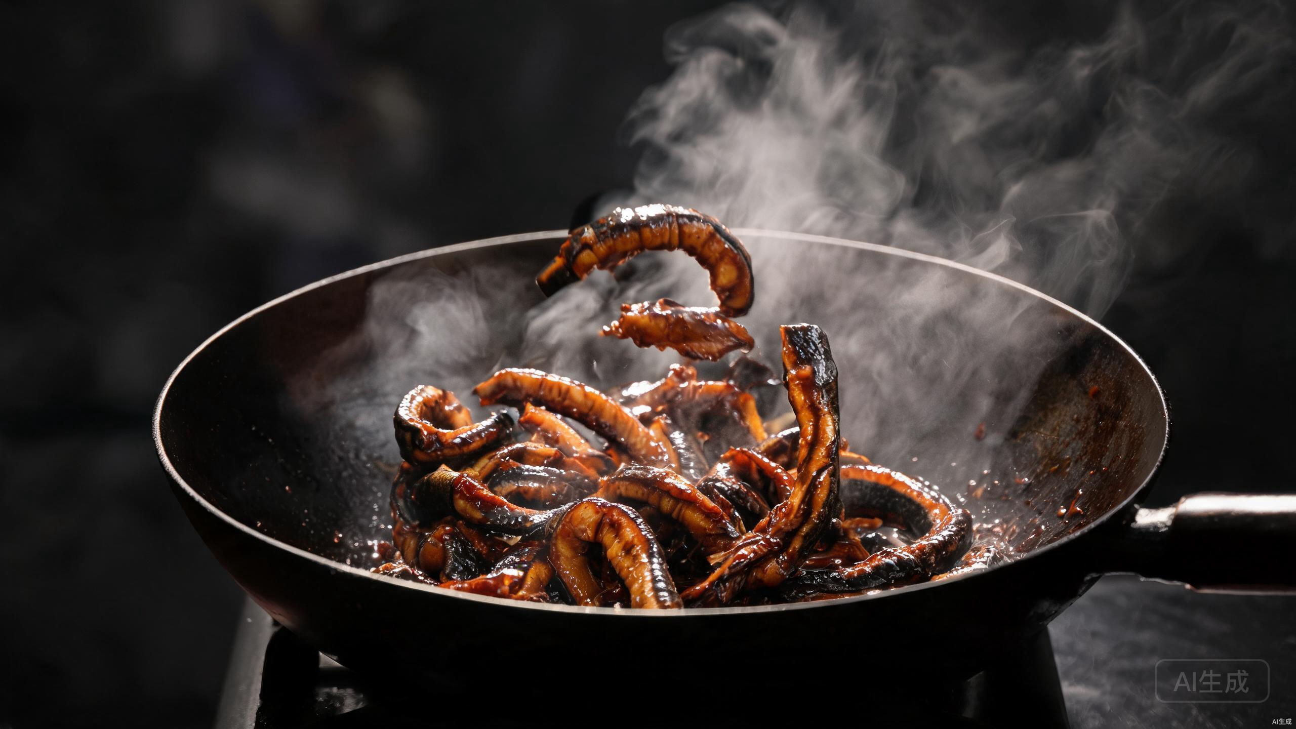 Stir-frying eel pieces in a hot wok over high heat