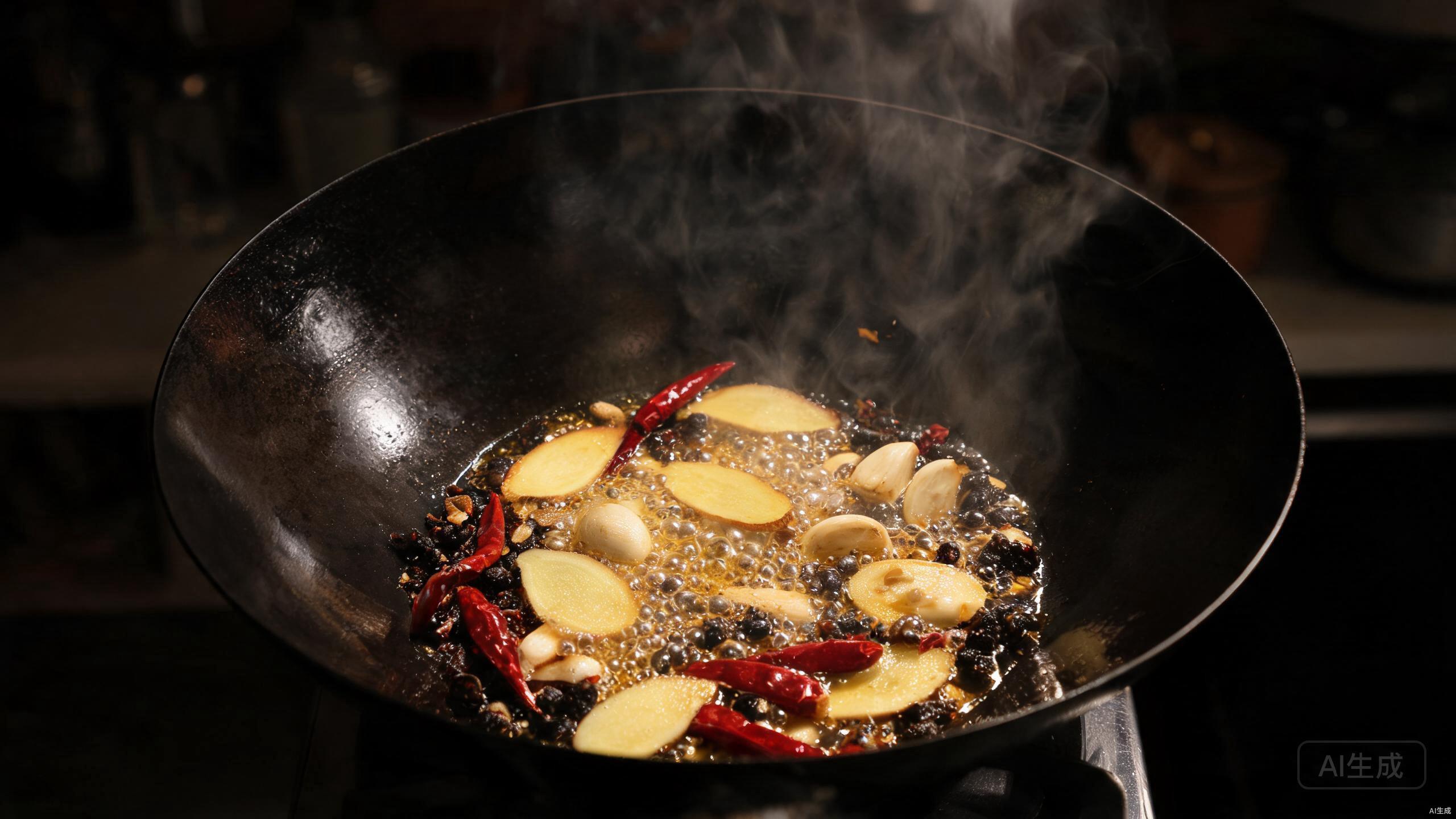Frying aromatics in a wok for fish braising