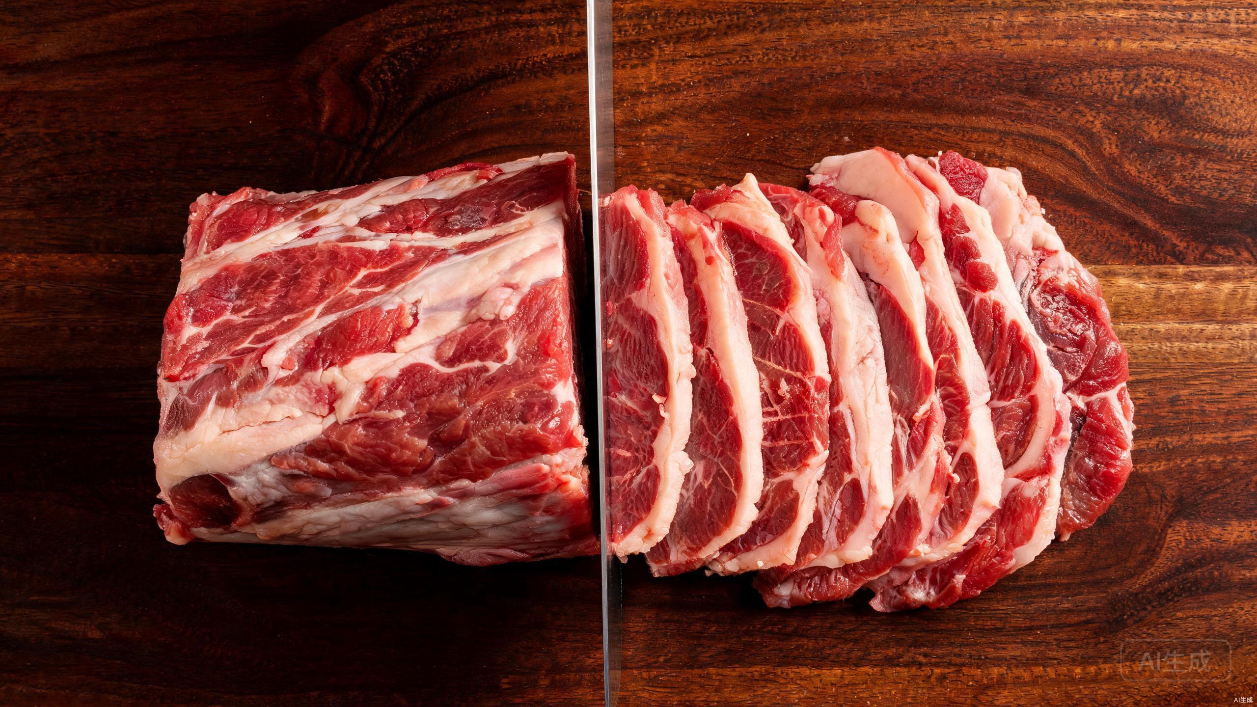 Slicing raw lamb meat against the grain on a cutting board