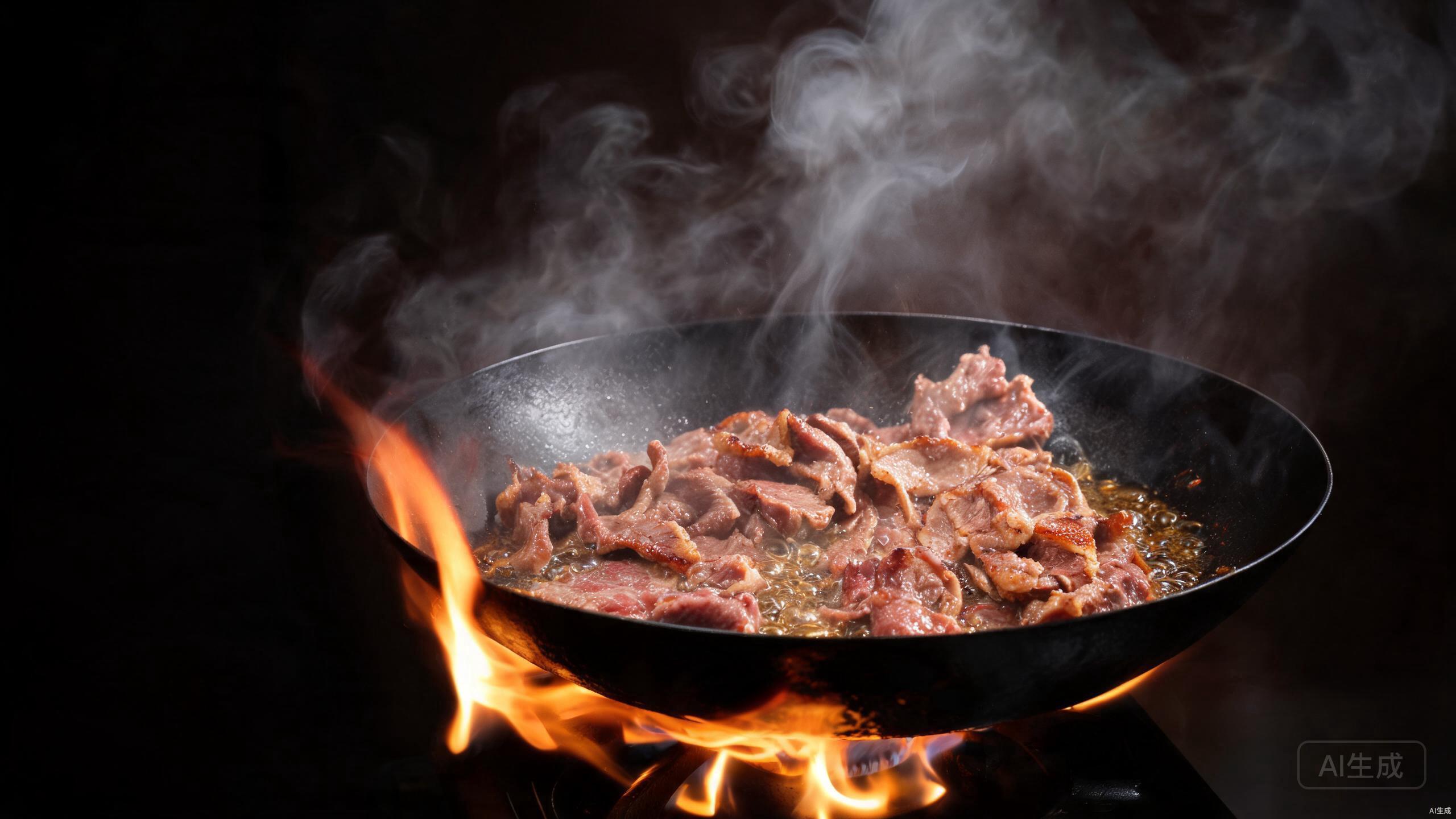 Stir-frying lamb slices in a smoking hot wok
