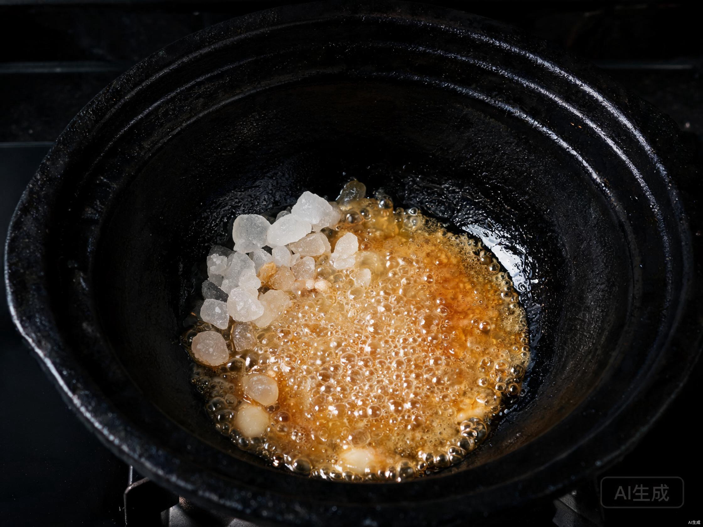 Caramelize rock sugar to amber