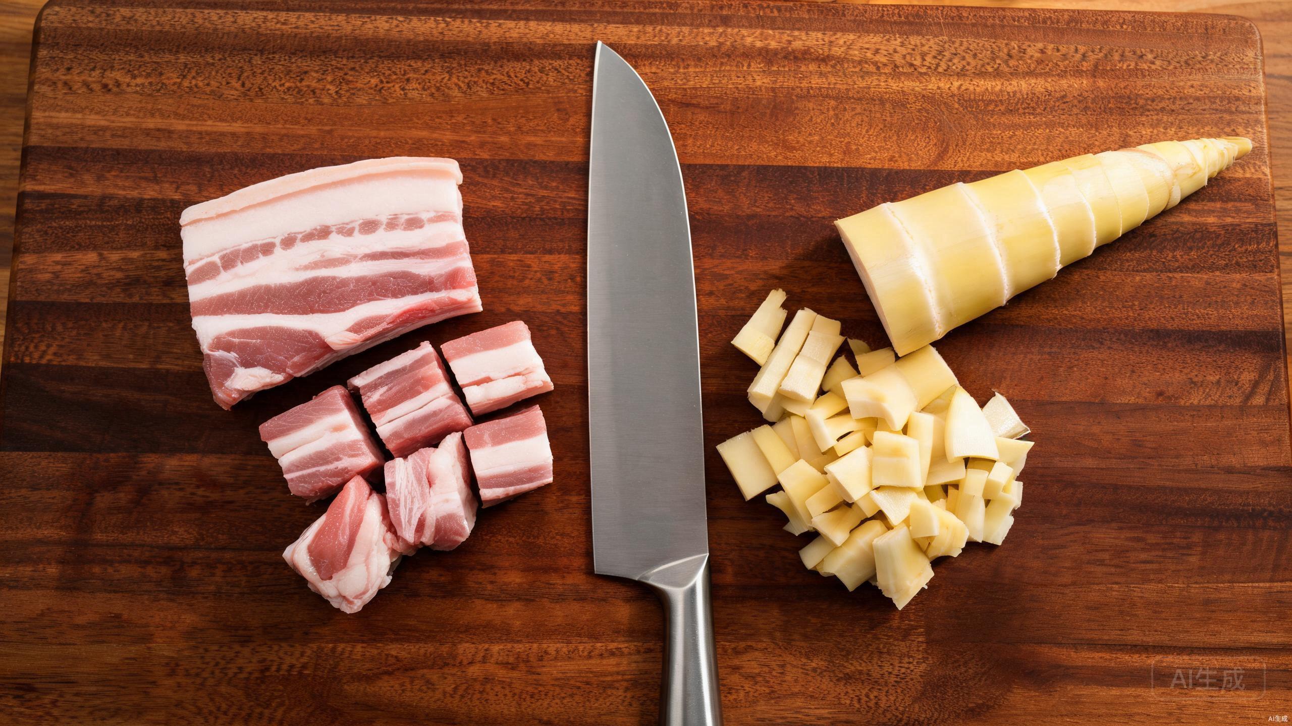 Slicing pork belly and bamboo shoots on a cutting board