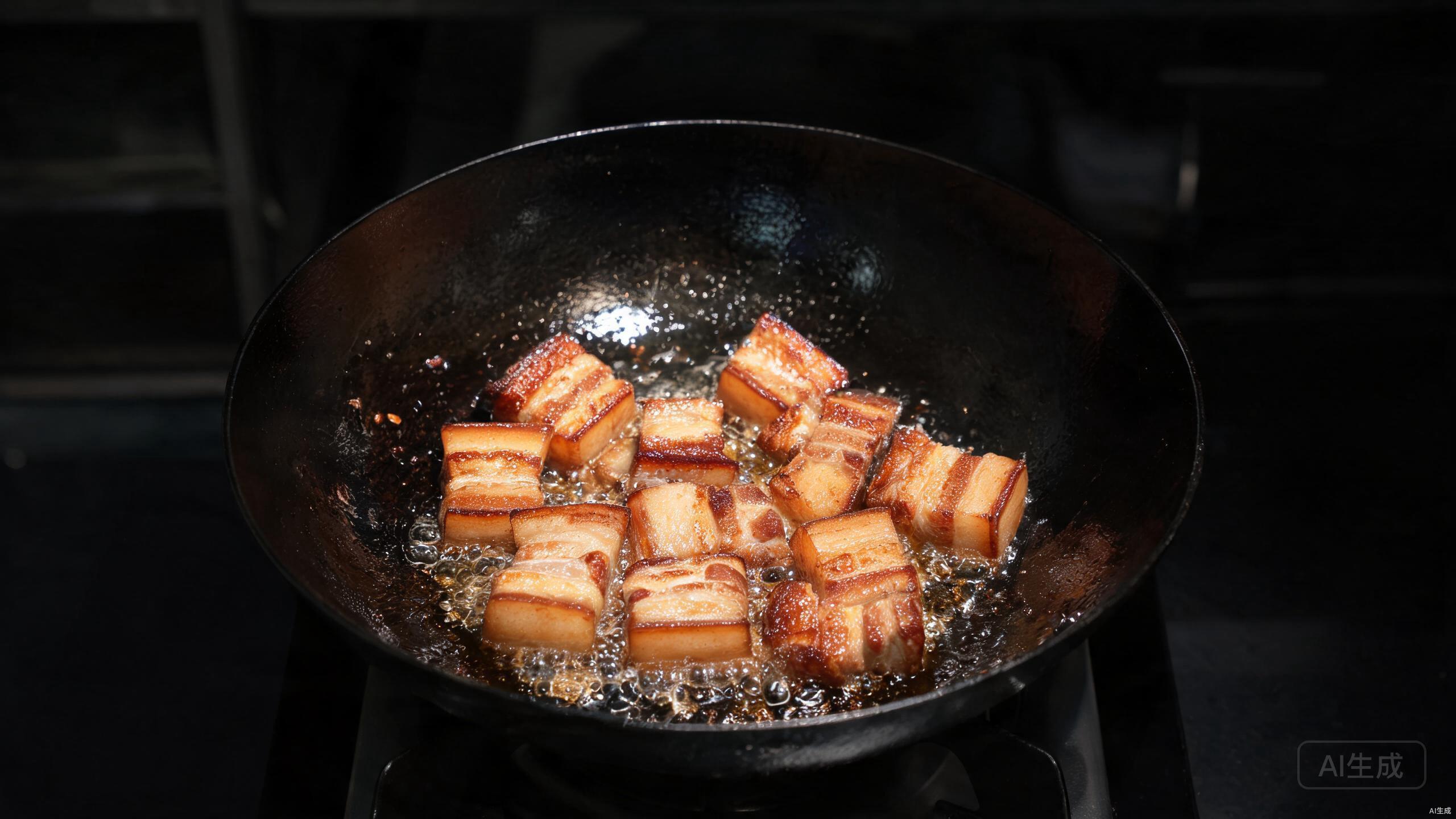 Searing pork belly chunks in a hot wok