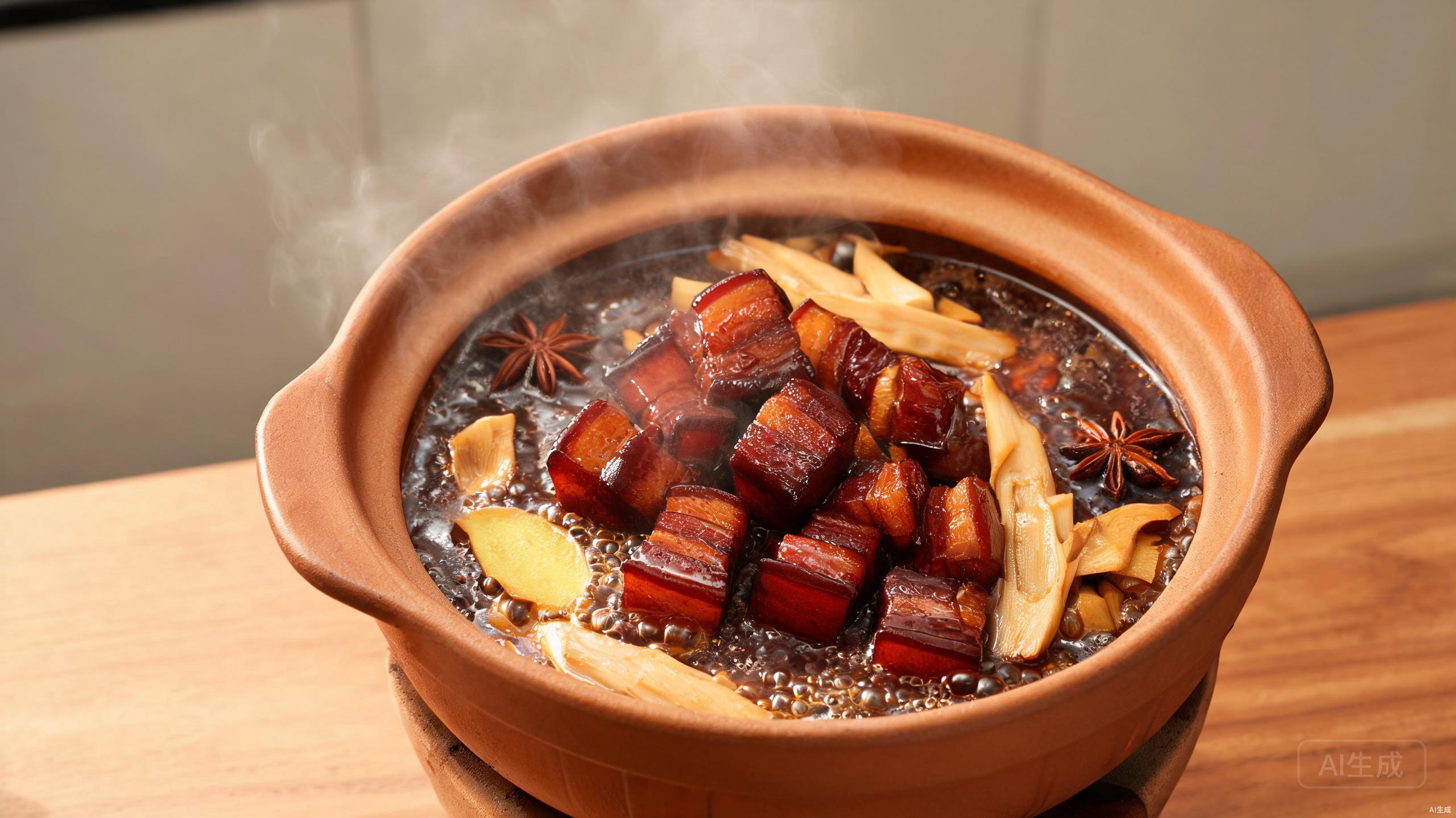Simmering red-braised pork with bamboo shoots in a clay pot
