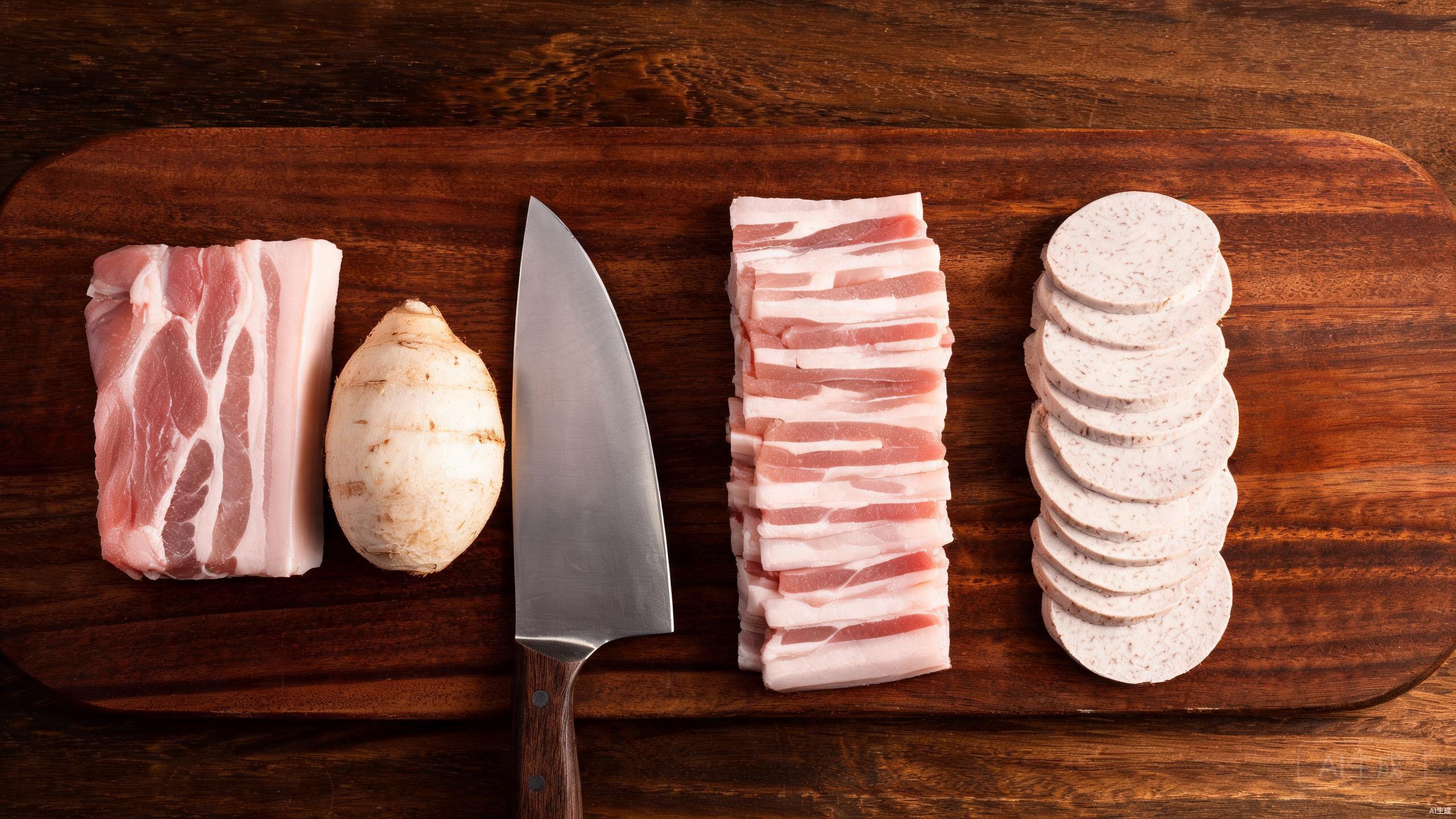 Preparing pork belly and taro on a cutting board