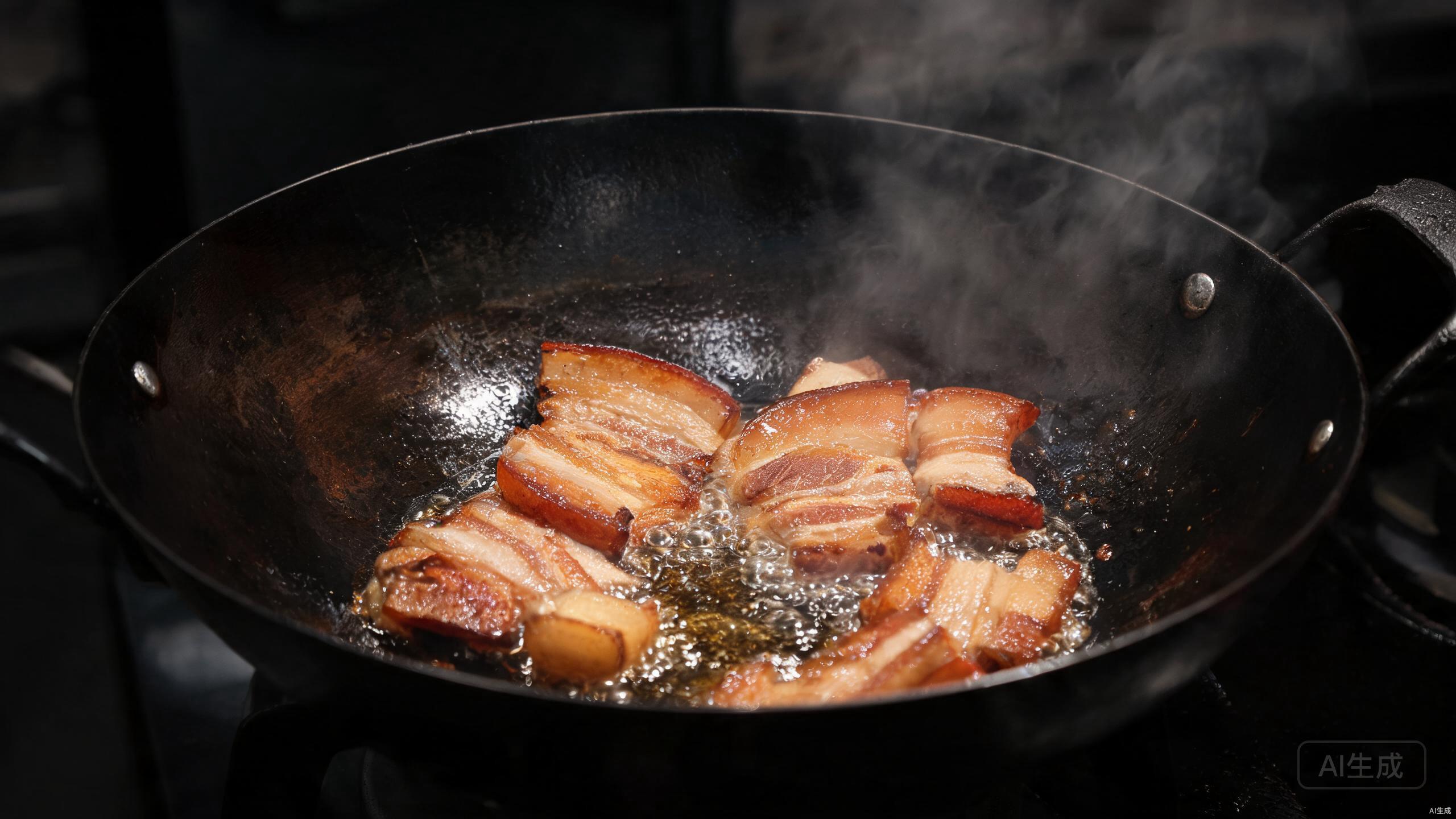 Searing pork belly pieces in a hot wok until golden