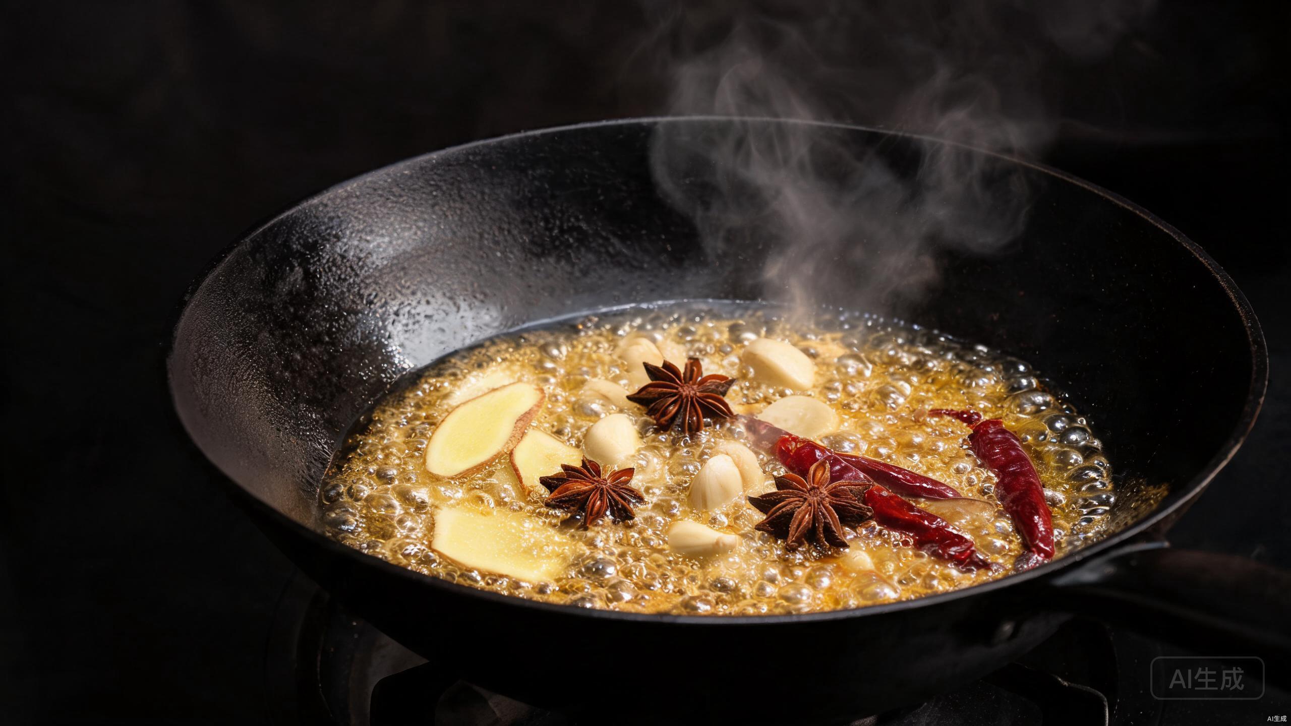Building flavor base with aromatics in a wok