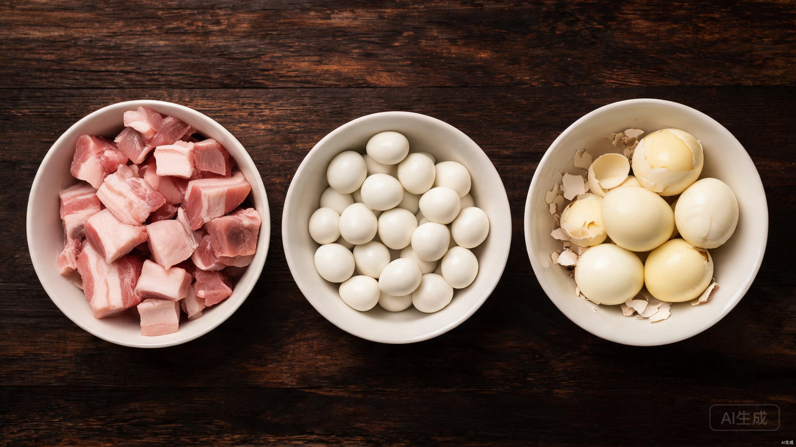 Preparing pork belly and quail eggs on a counter