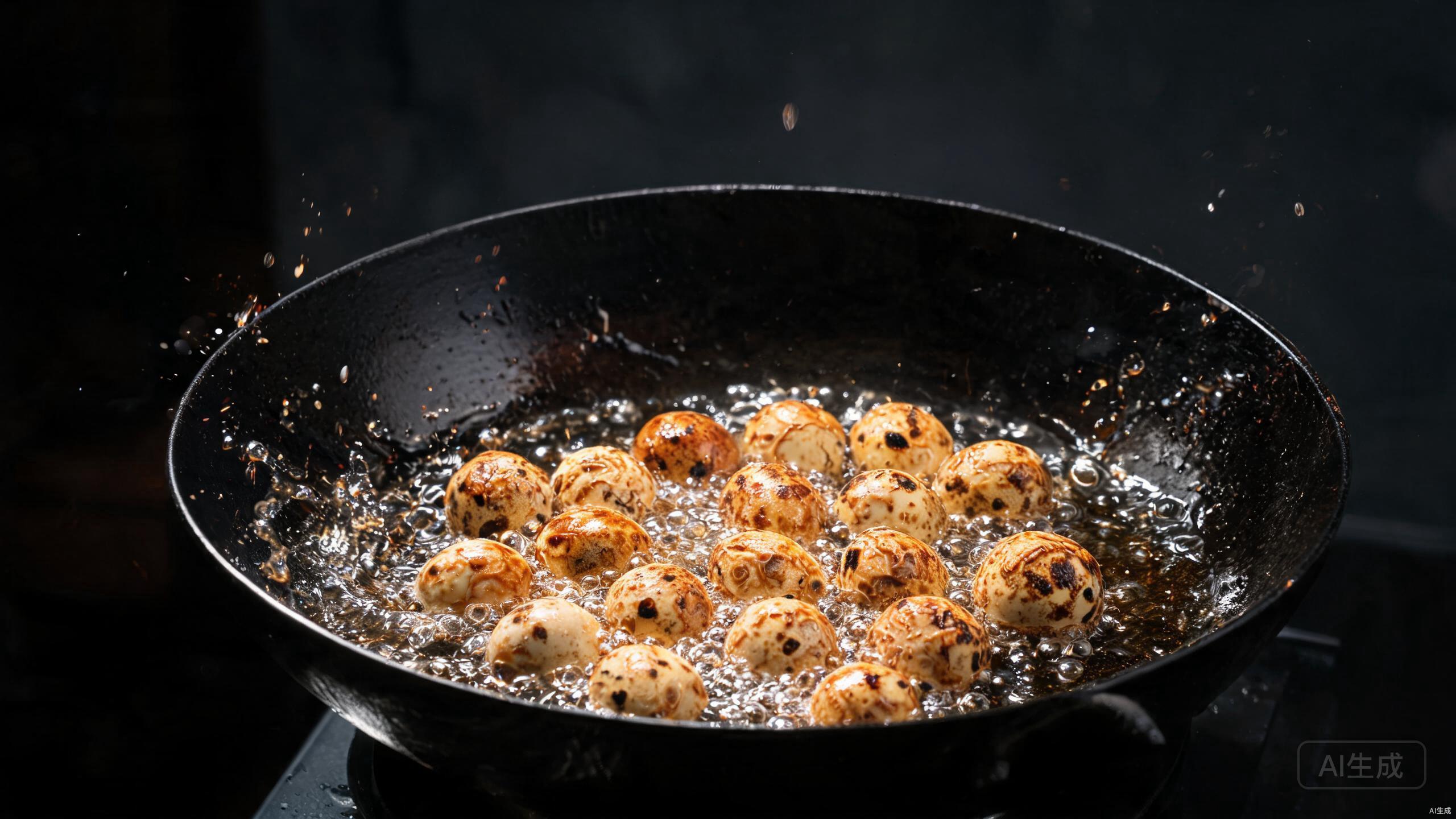 Frying quail eggs in hot oil until golden tiger skin effect