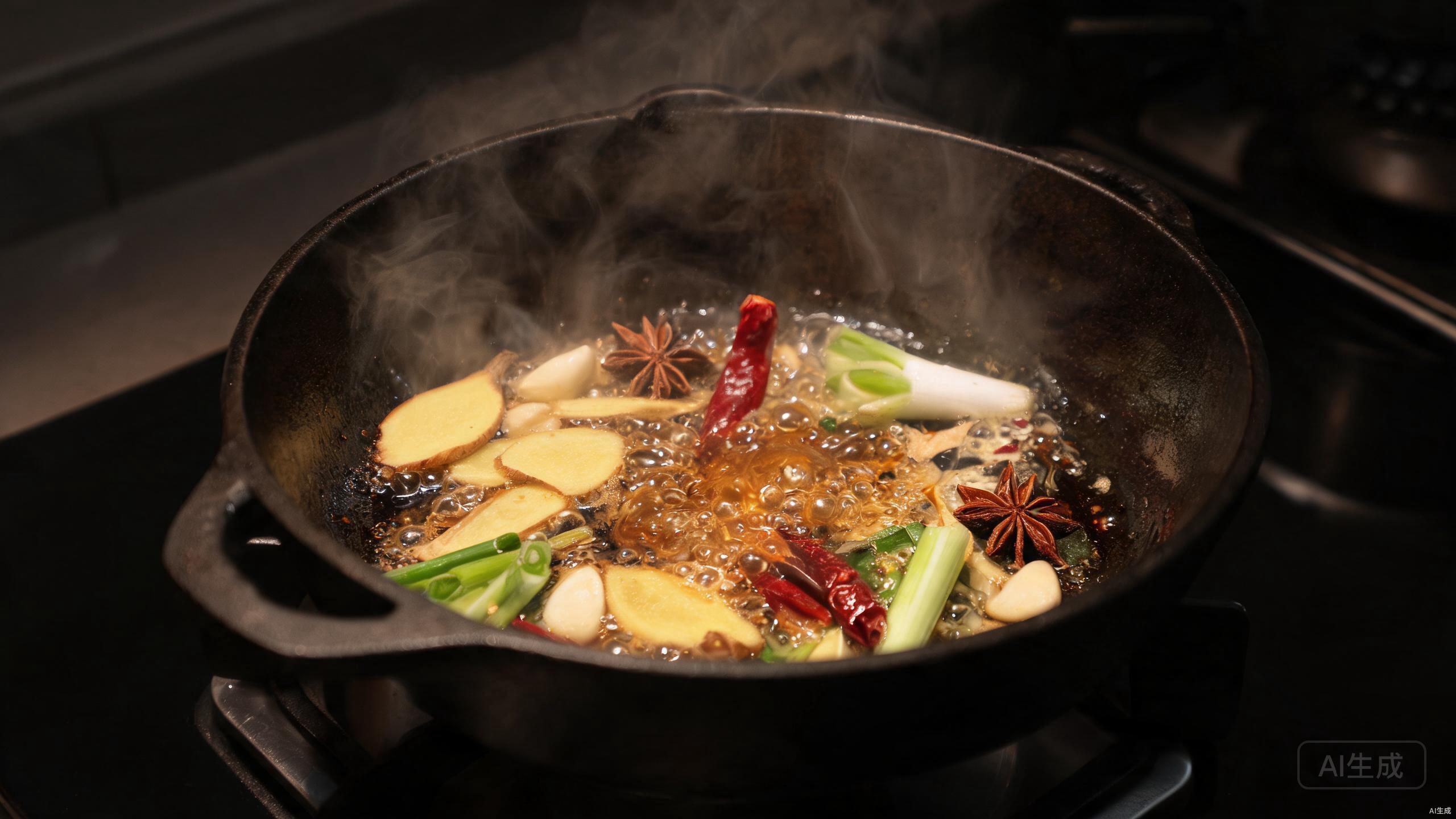 Building flavor base with aromatics for red-braised pork