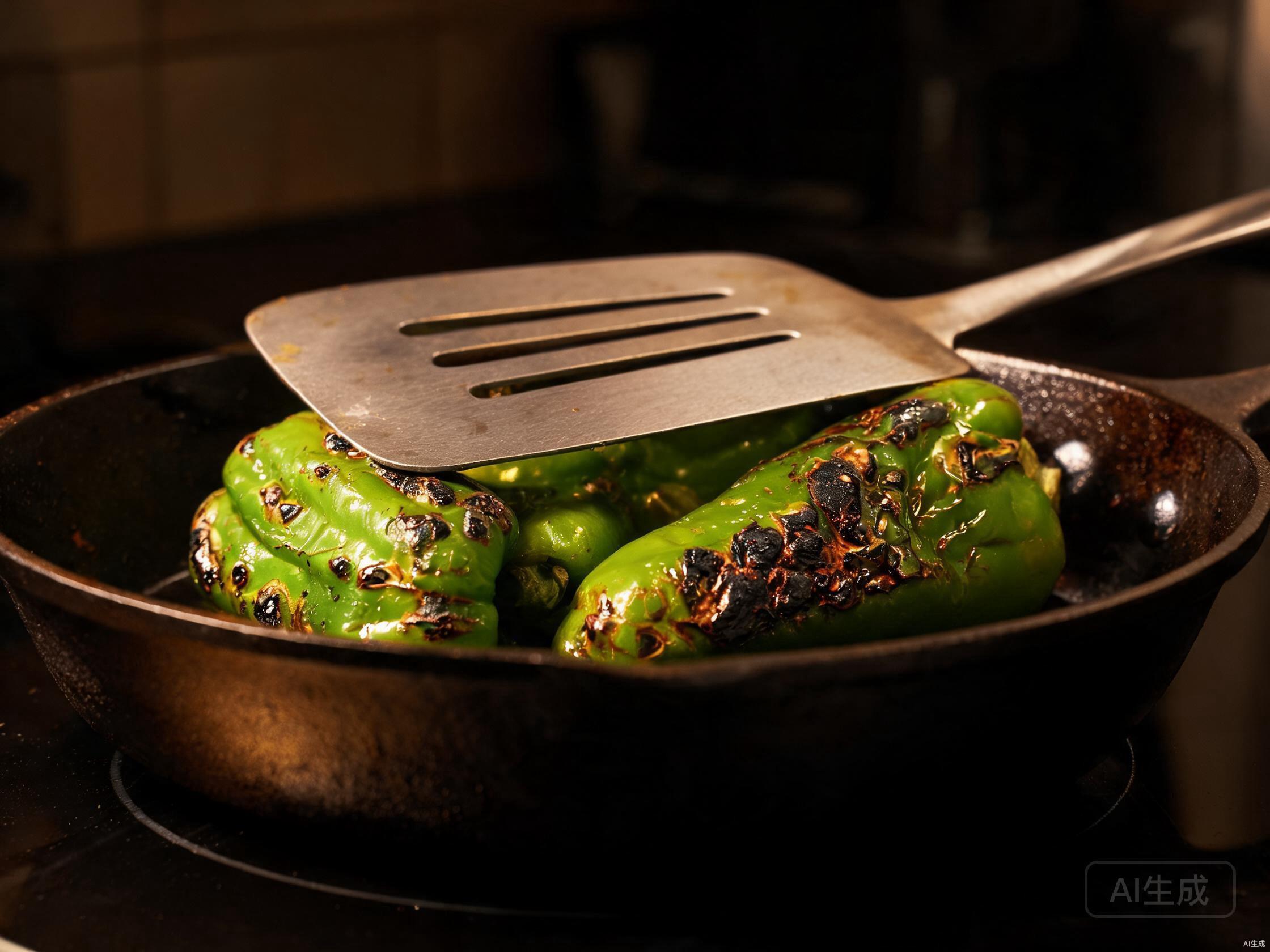 Dry-roast green peppers until charred