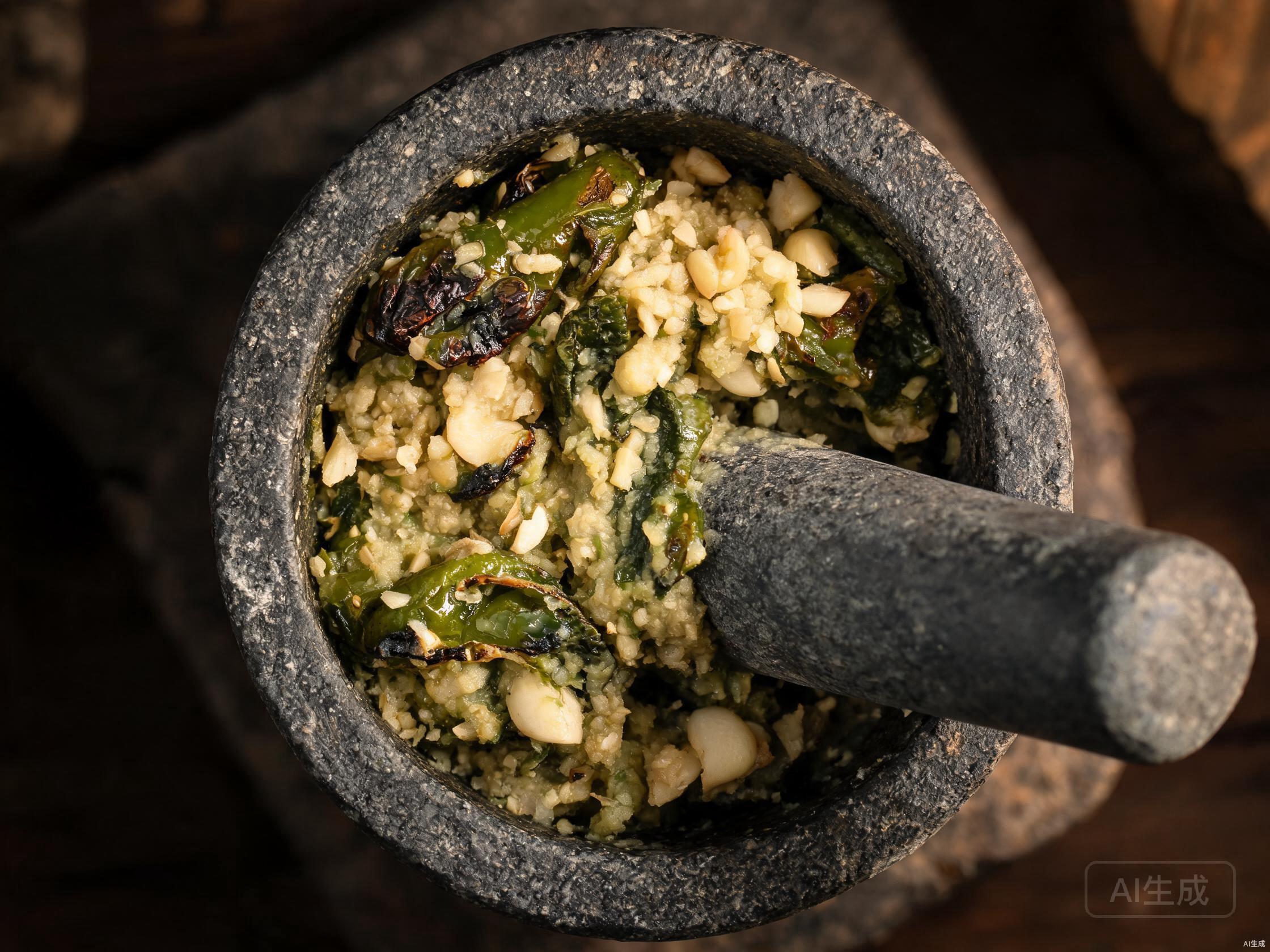 Mash garlic and peppers in mortar