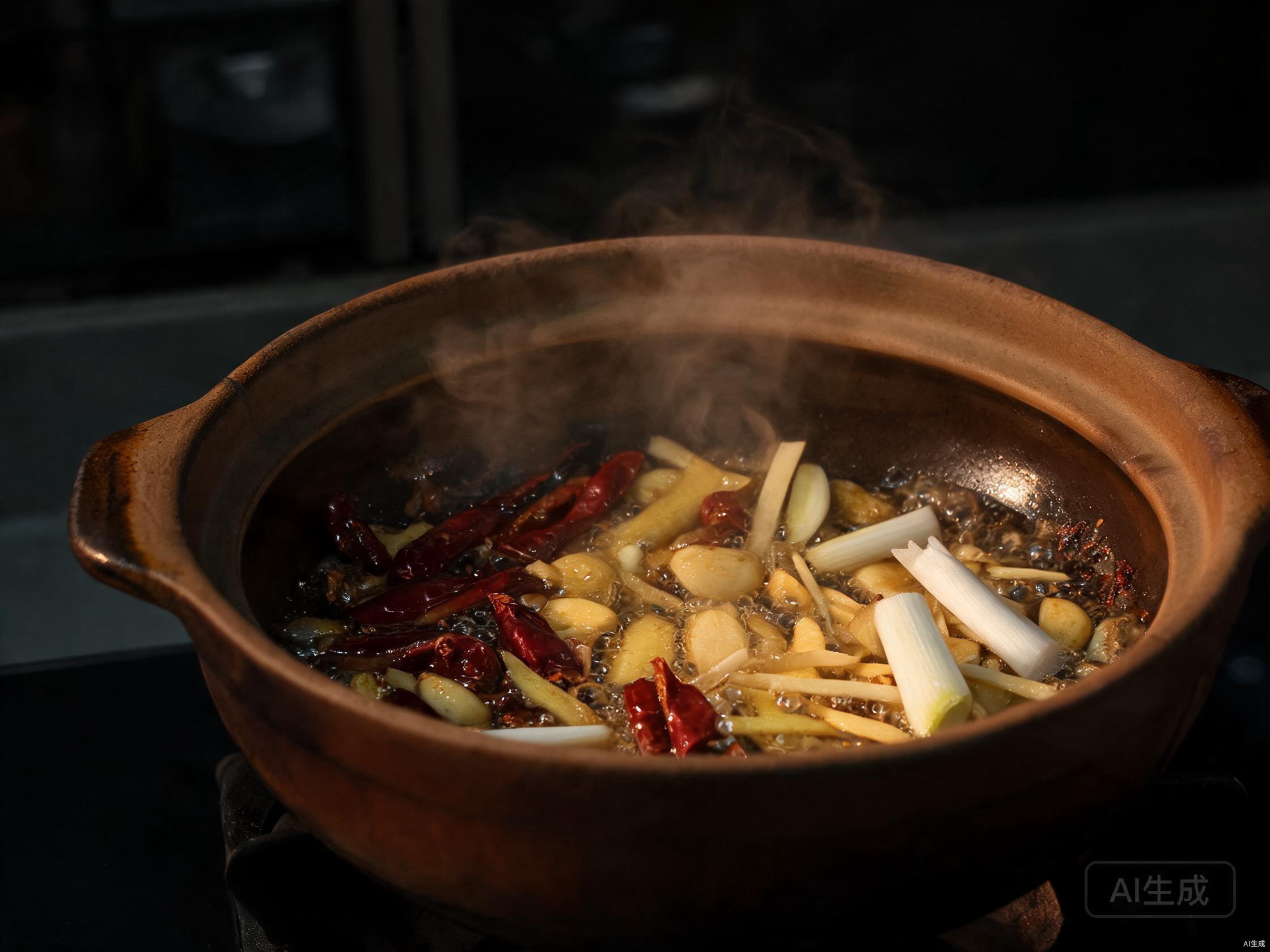 Stir-fry base flavors in clay pot