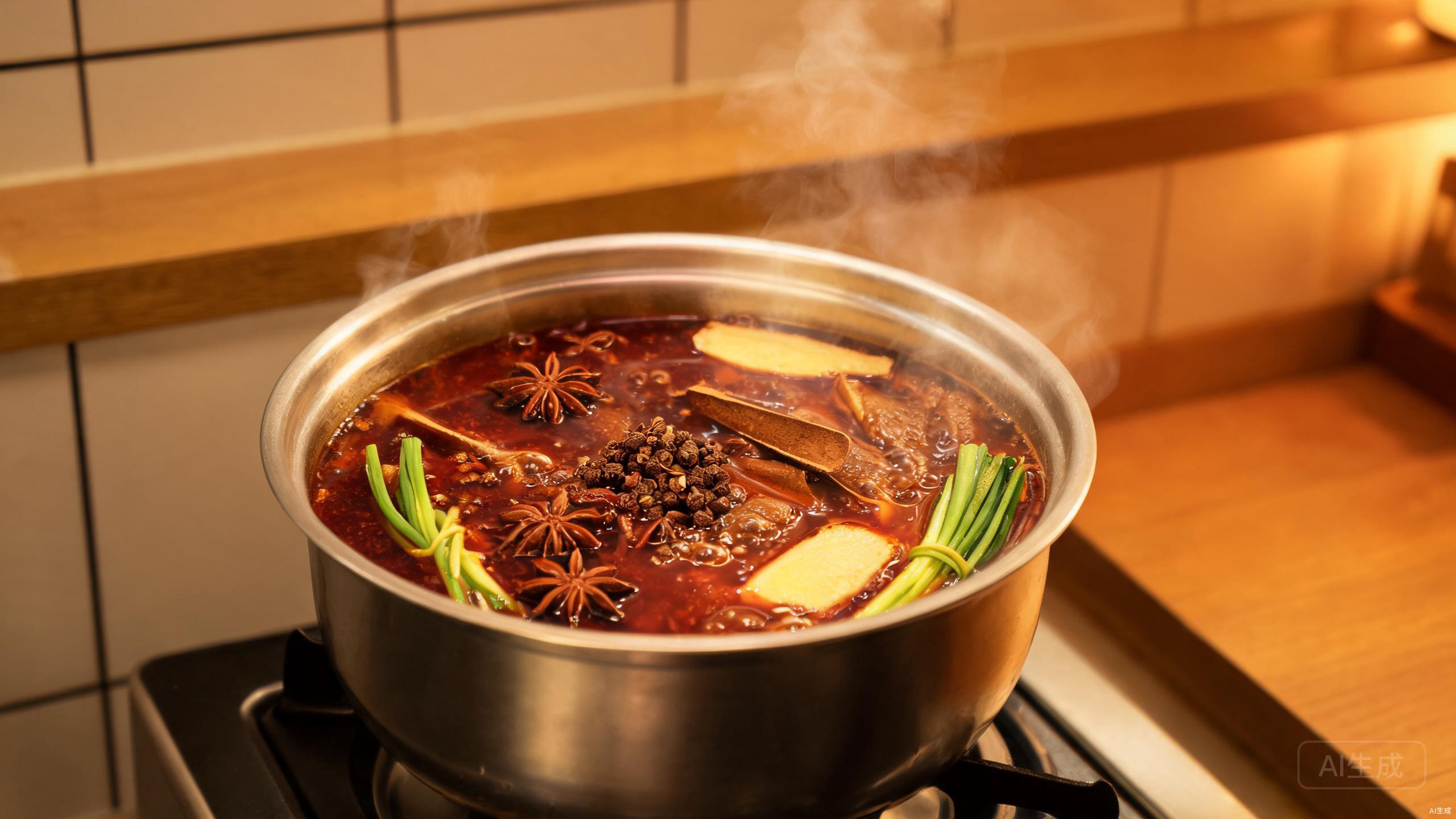 Spiced beef broth simmering with star anise and cassia bark